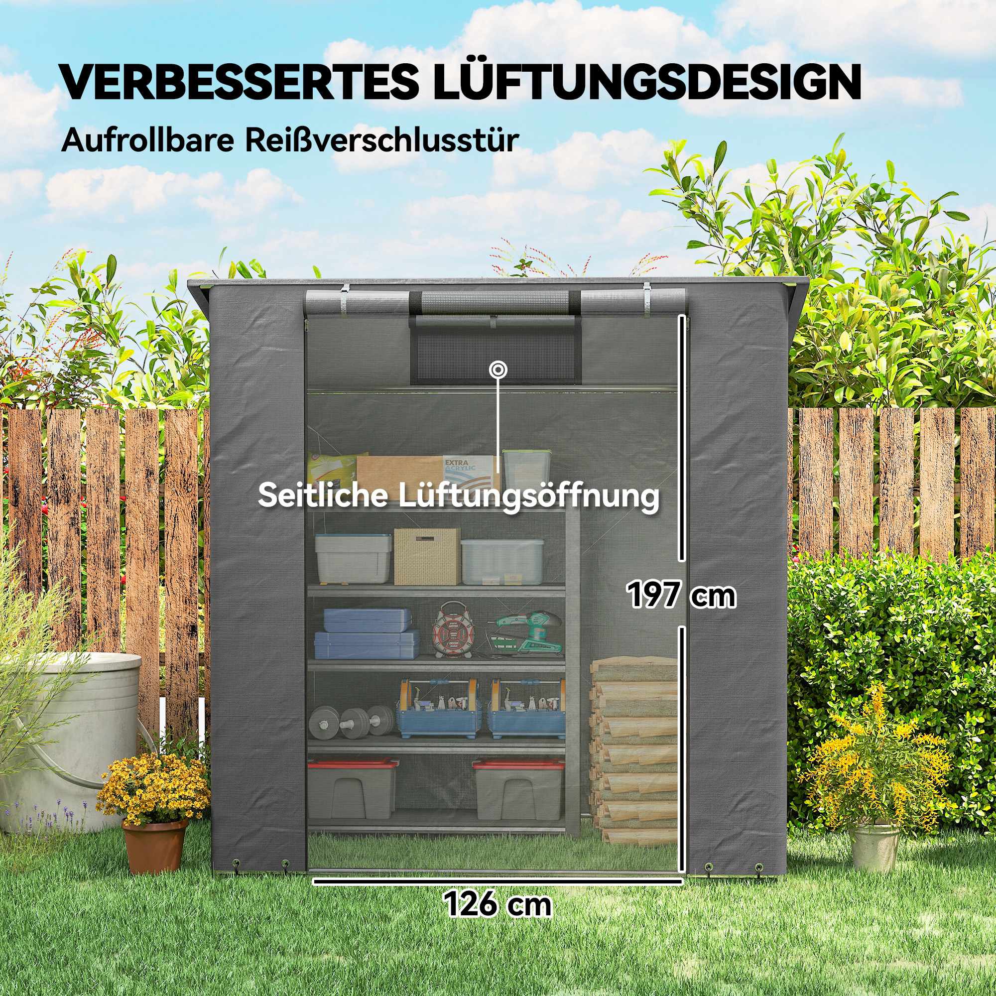 Vattentätt förvaringstält 1,9x1,2m med rulldörr