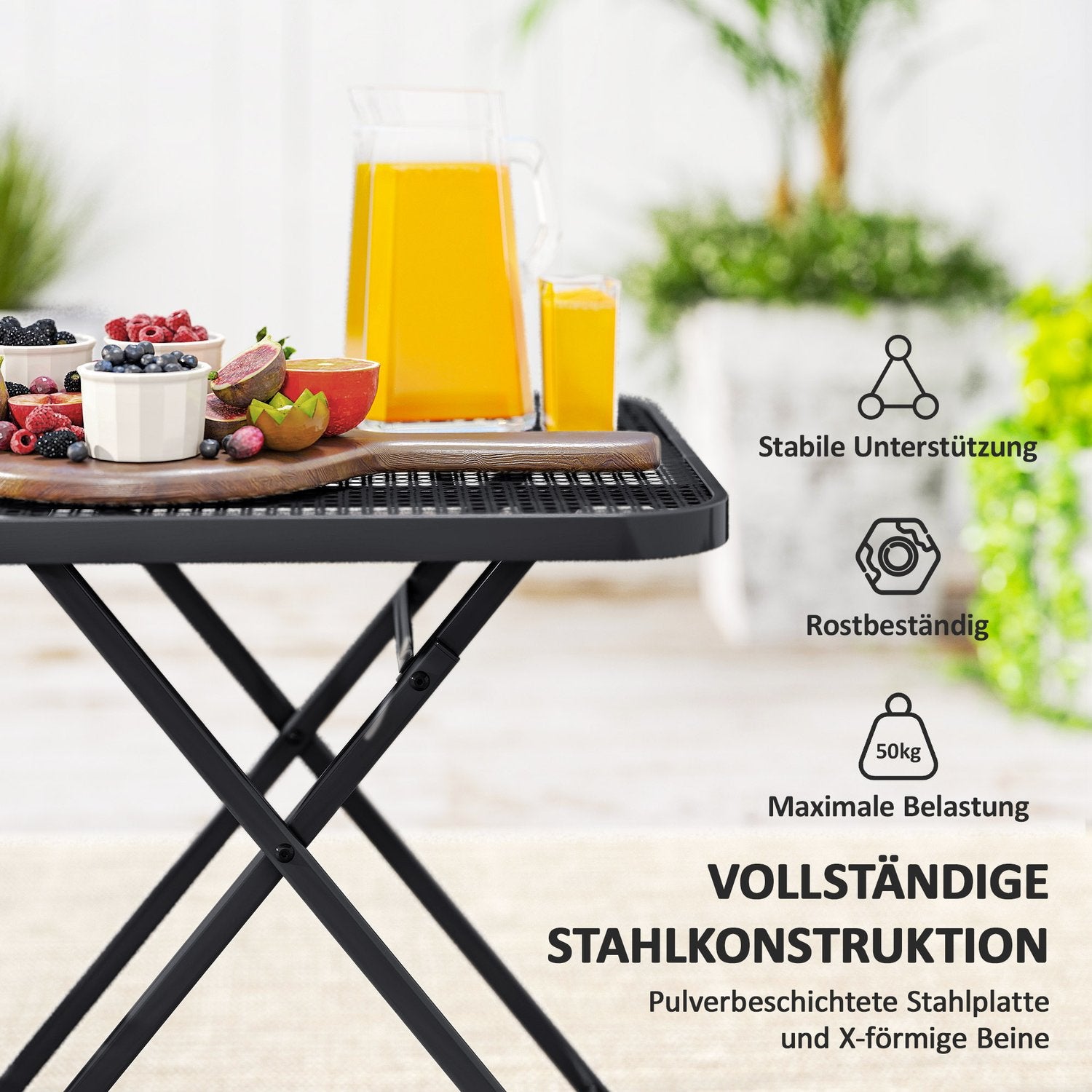 Väderbeständigt fällbart stålbord – 70 x 70 cm, Svart