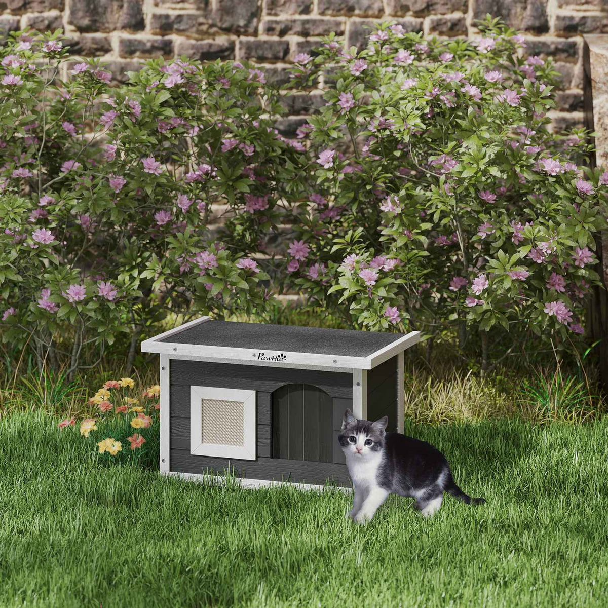 Maison à chat en bois grise résistante aux intempéries avec tapis griffoir