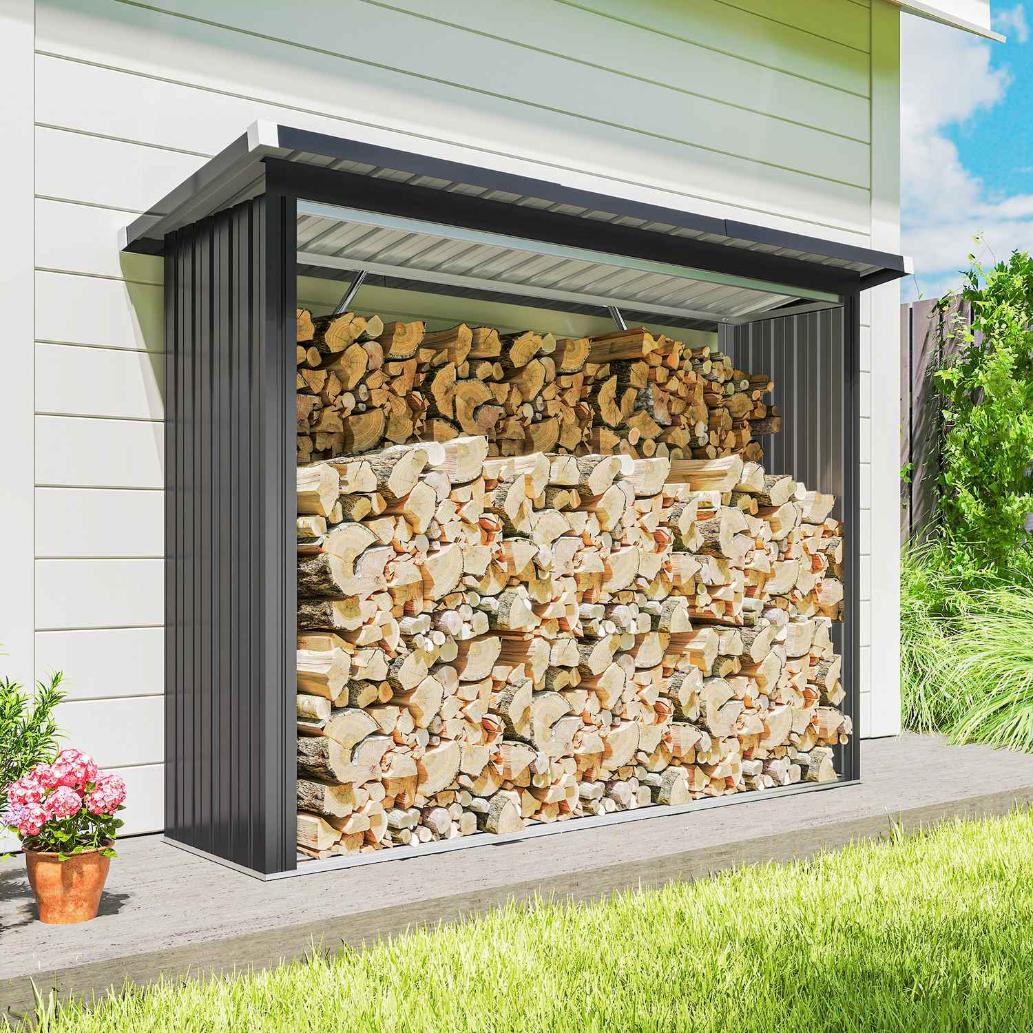 Vedbod, stål, förhöjt golv, 213x66,5x150 cm