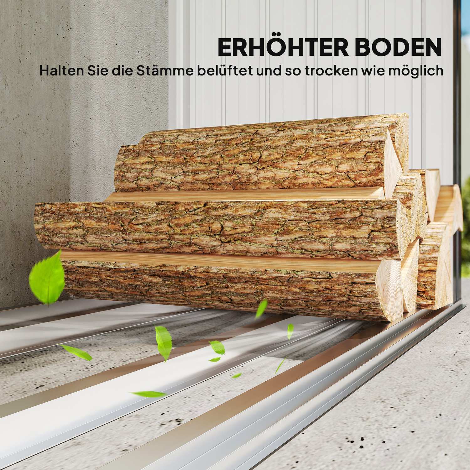 Vedbod, stål, förhöjt golv, 213x66,5x150 cm