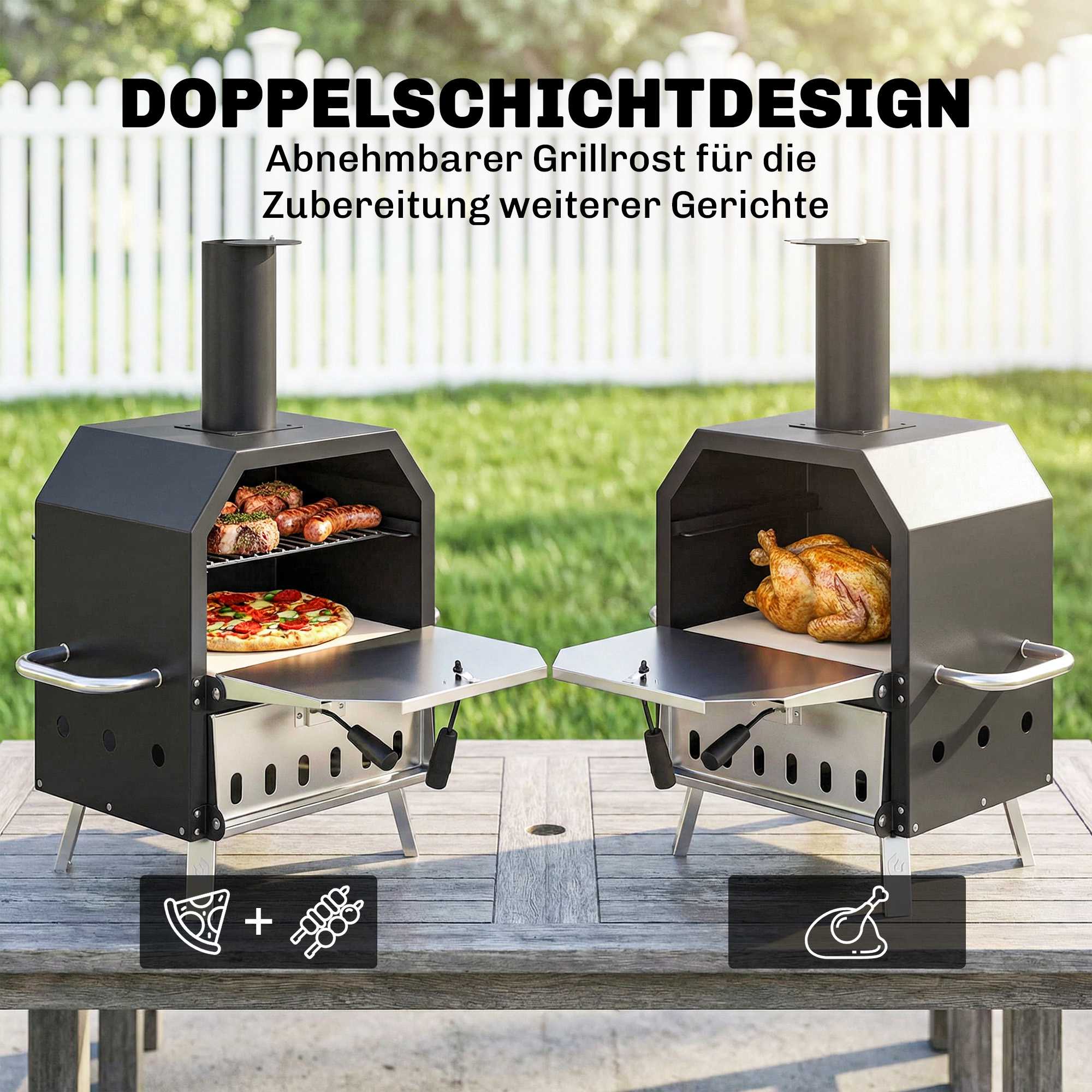 Vedeldad pizzaugn för utomhusbruk, rostfritt stål, 2 nivåer
