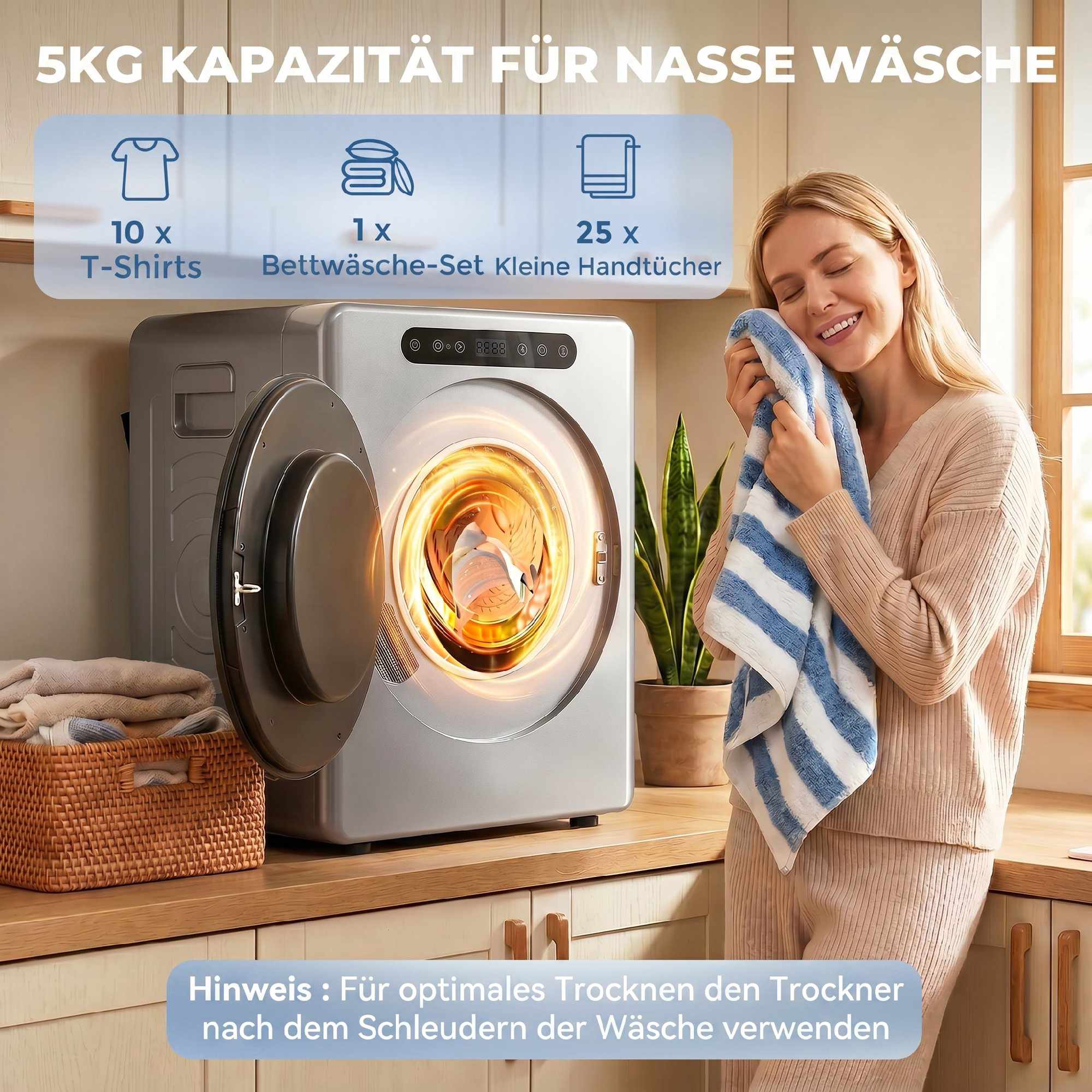 Ventilerad torktumlare 5 kg, 1000 W, kompakt, silver