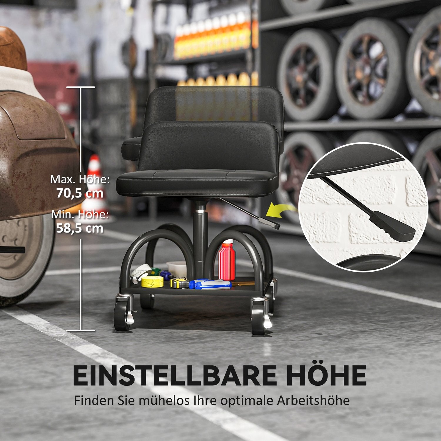 Verkstadspall med hjul, förvaringsutrymme, 58,5 cm hög, rullande pall, lastkapacitet upp till 135 kg, svart