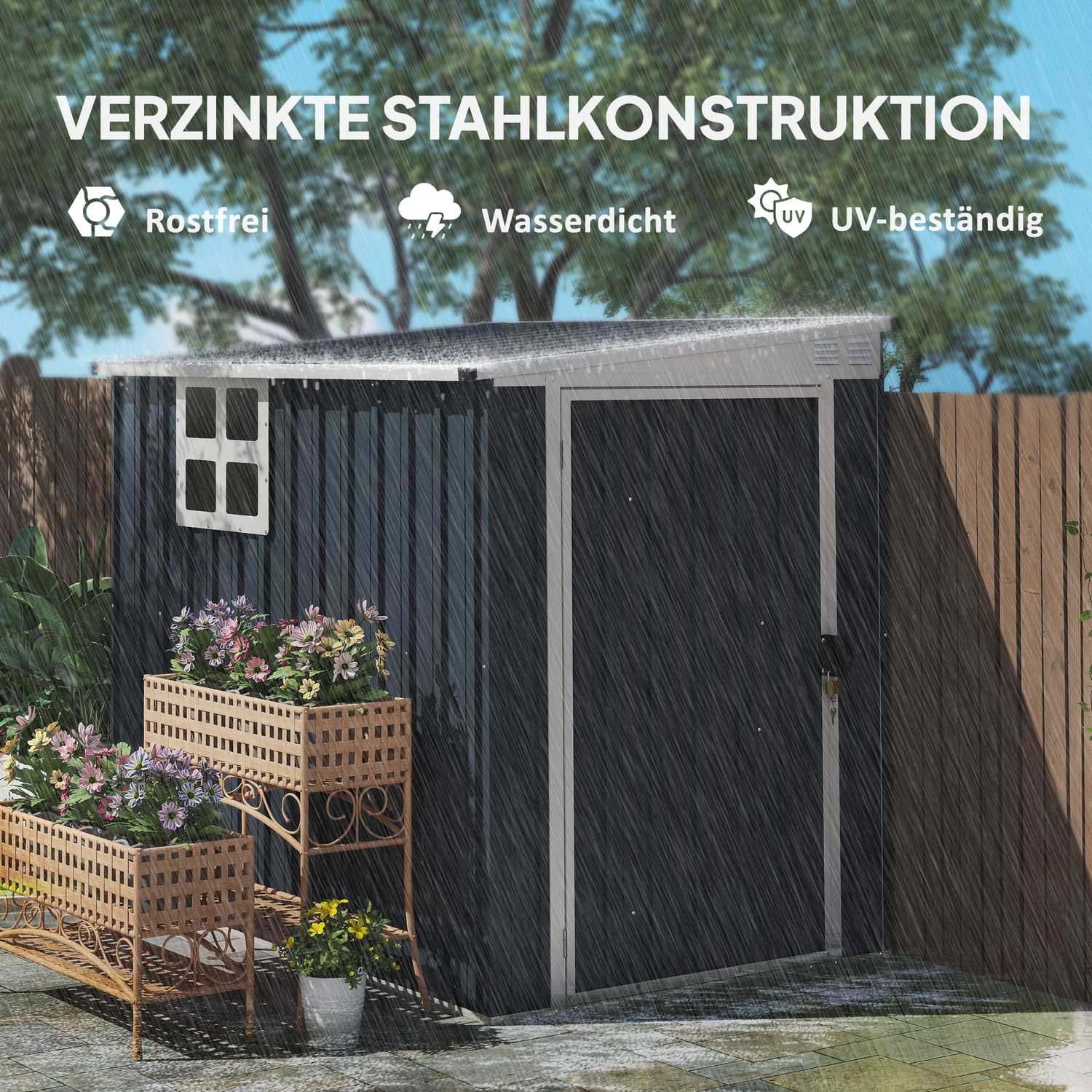 Verktygsskjul i metall 2,7 m² – väderbeständig med fönster och lås