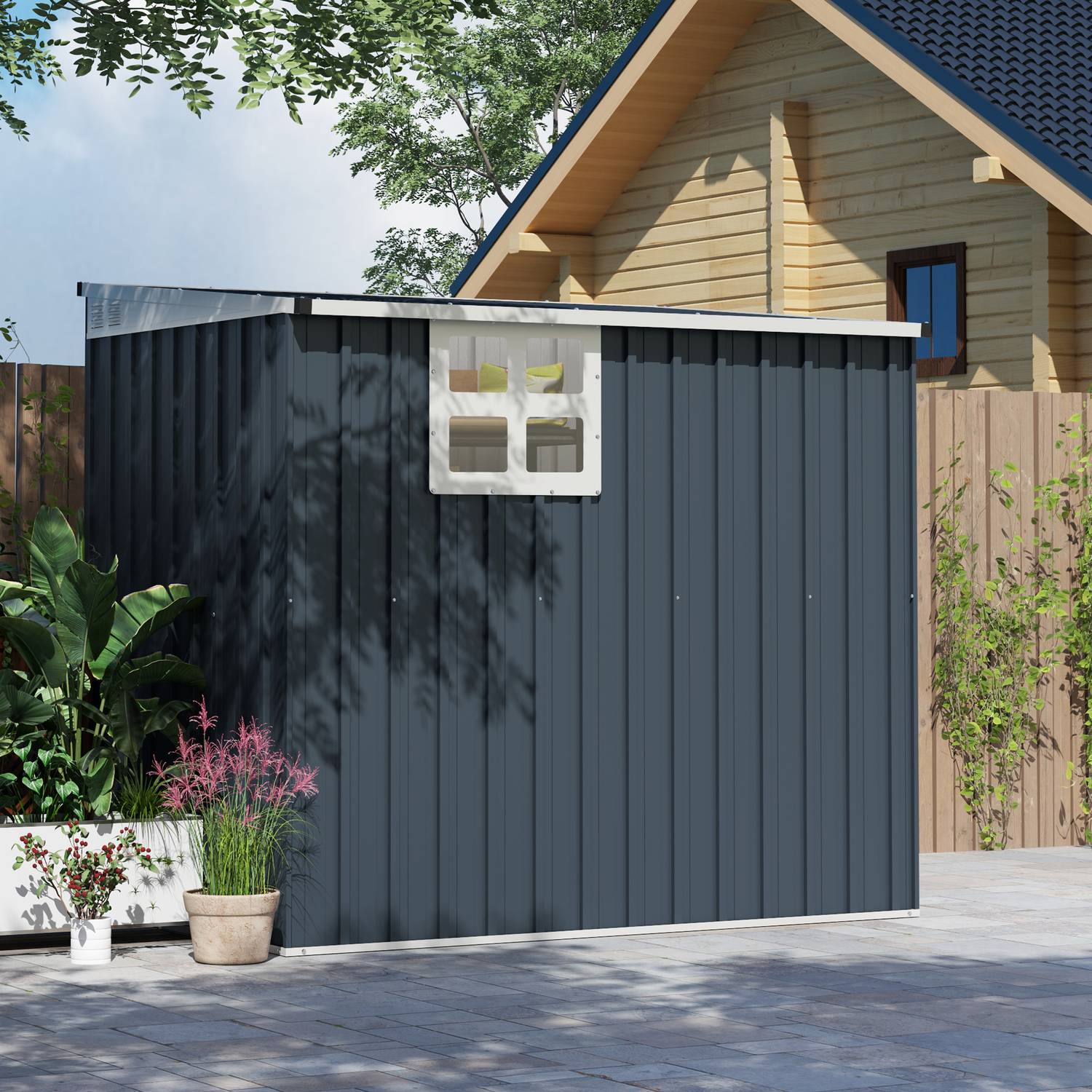 Verktygsskjul i metall 2,7 m² – väderbeständig med fönster och lås