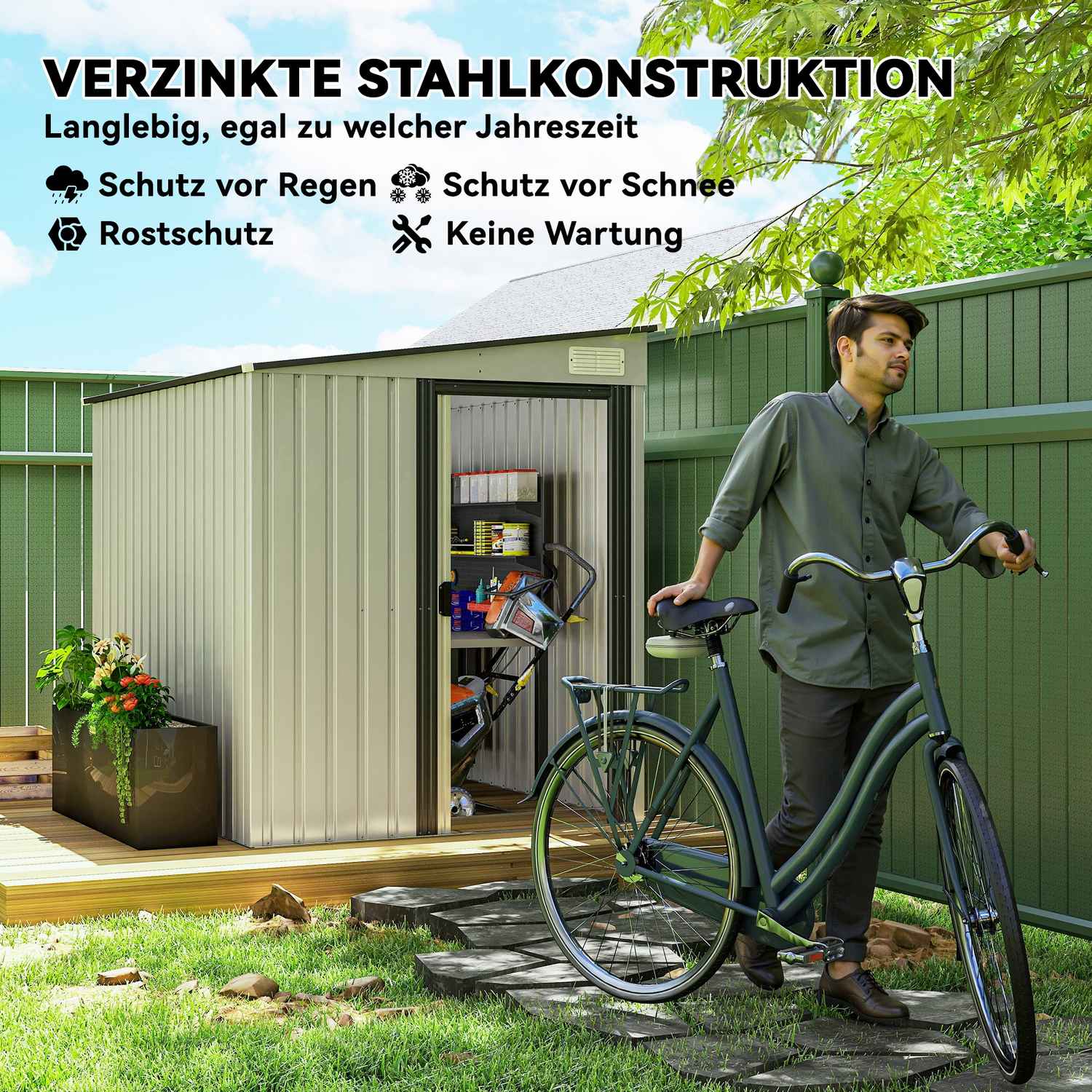 Verktygsskjul i metall 2,81m² 154x206,5x181 cm verktygsbod med takfundament