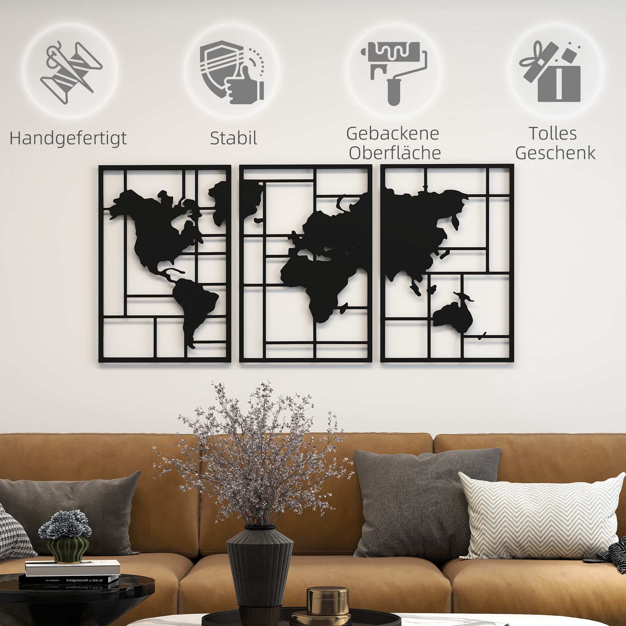 Väggdekorationsset i metall – 3-delad världskarta, 50x80 cm, svart