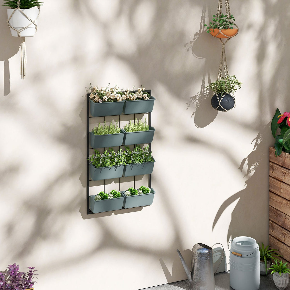Support à fleurs mural avec 8 pots – vert foncé