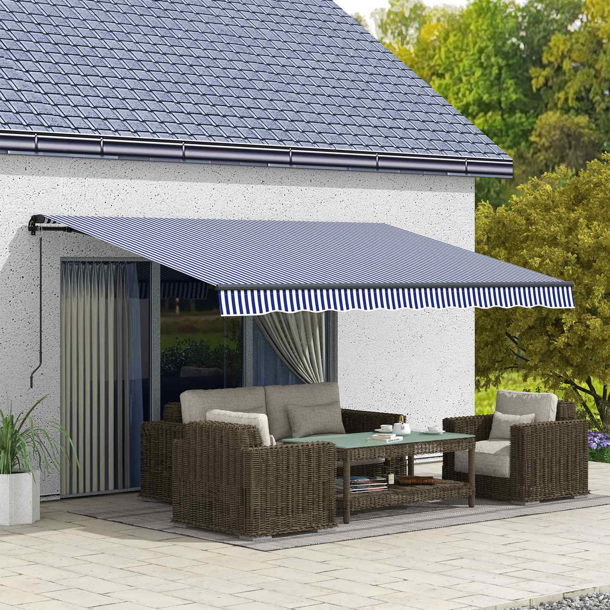 Wandmontierte Balkonmarkise 4x3M, blaue & weisse Streifen