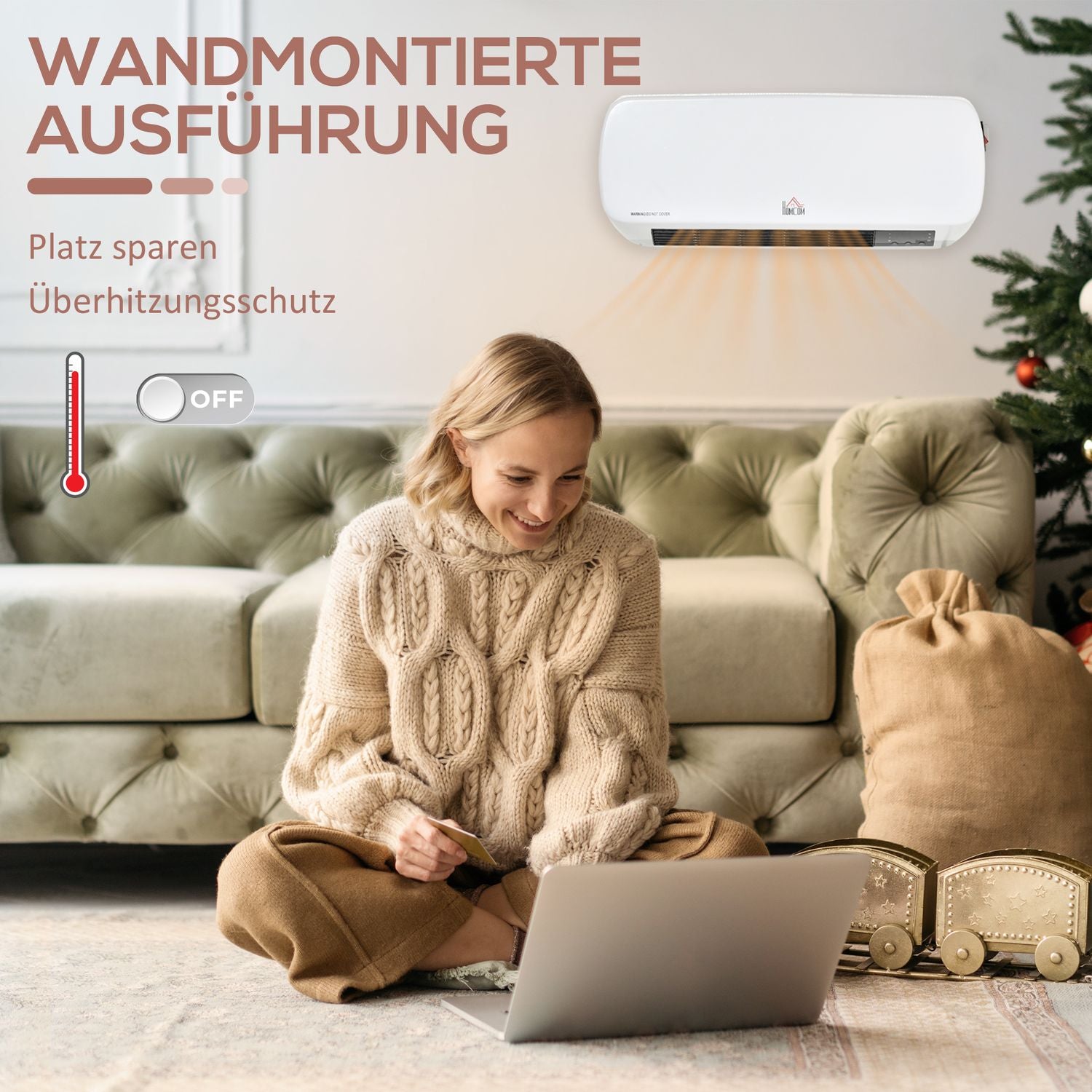Väggmonterad keramisk värmare med fjärrkontroll, timer, IPX2