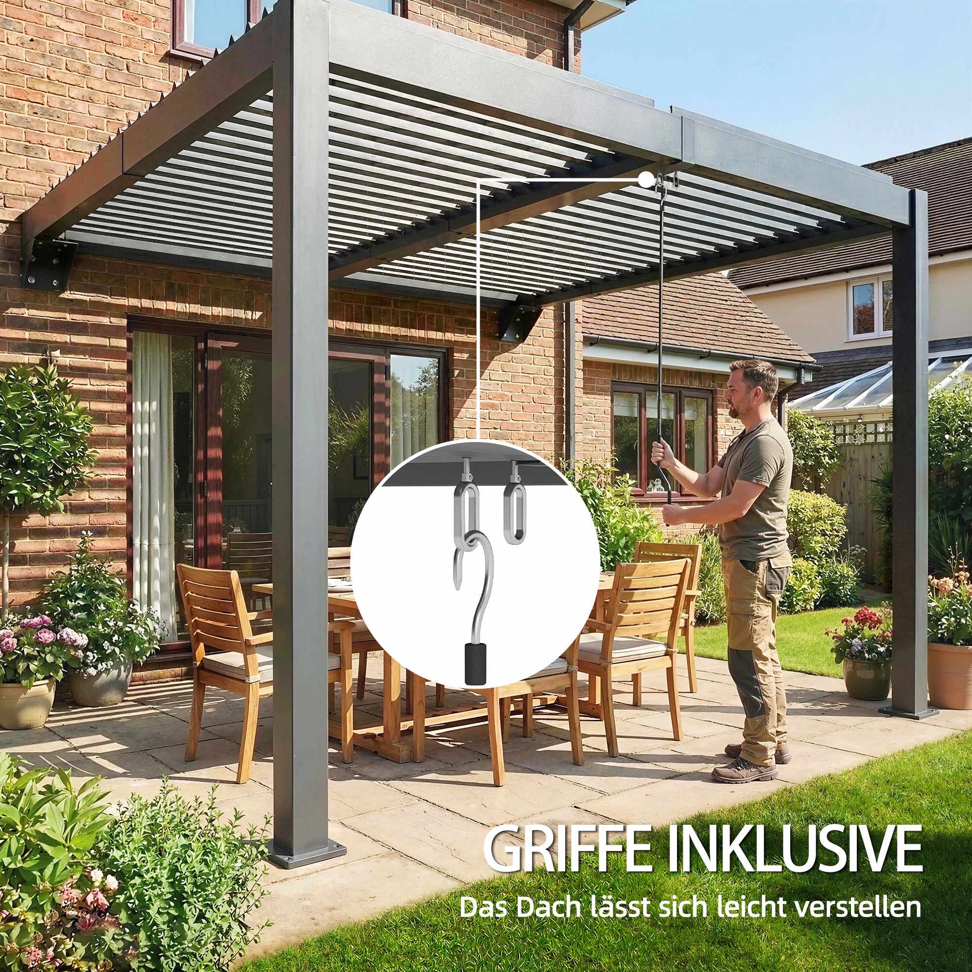 Väggmonterad pergola med lameller, 3x3m, justerbart metalltak