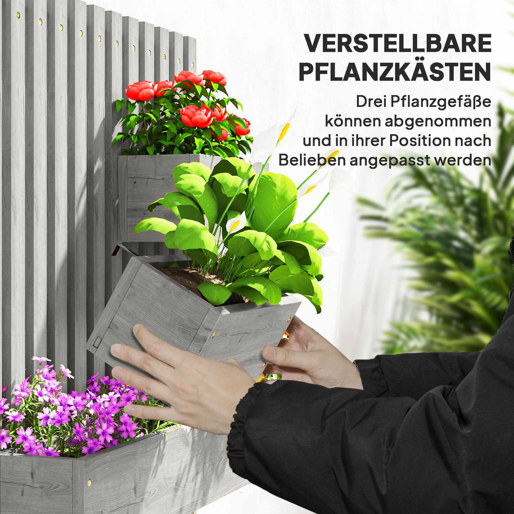 Väggmonterad planteringslåda i trä, justerbar, 60x16x80 cm
