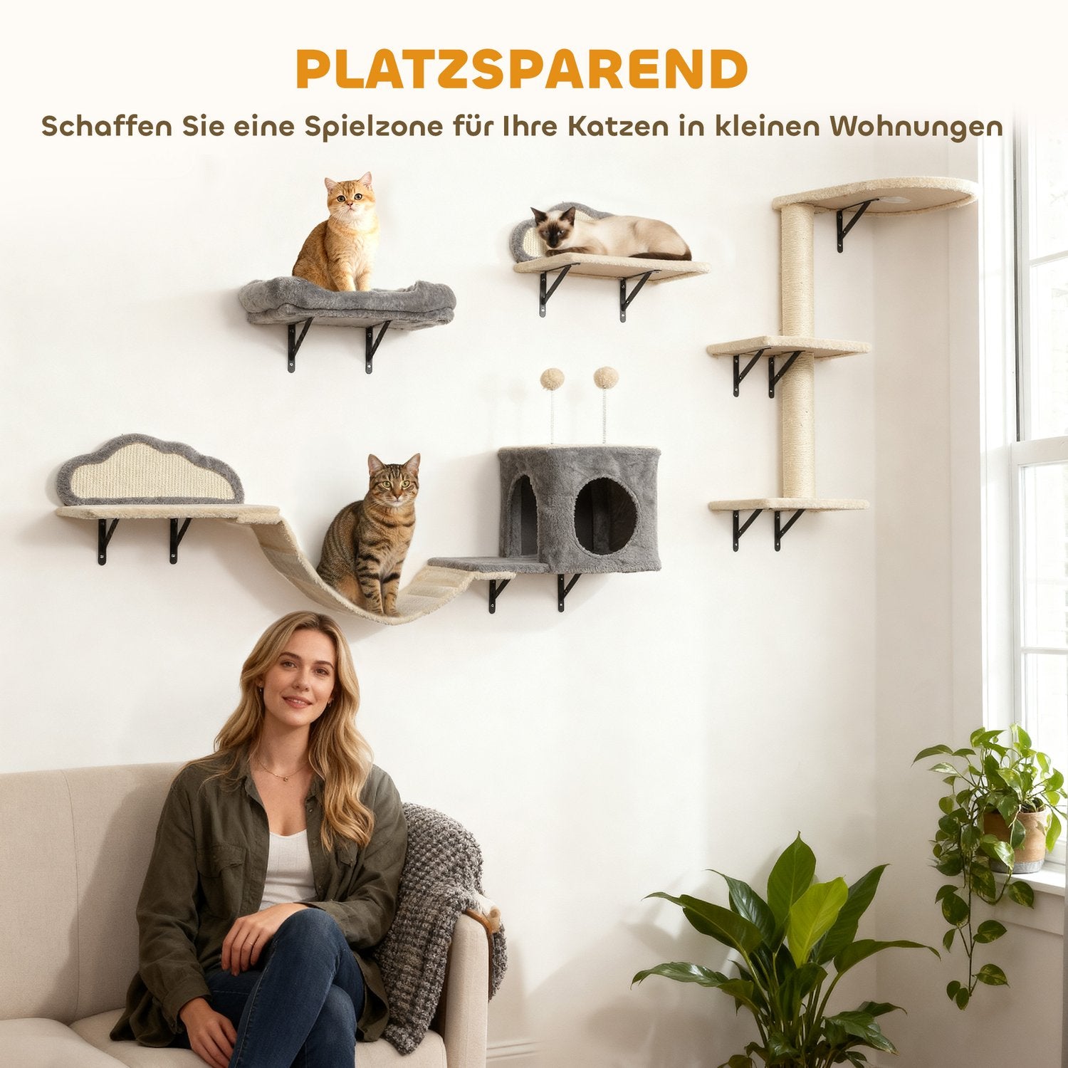 Väggmonterat klösträd, sisal, 4 delar, beige