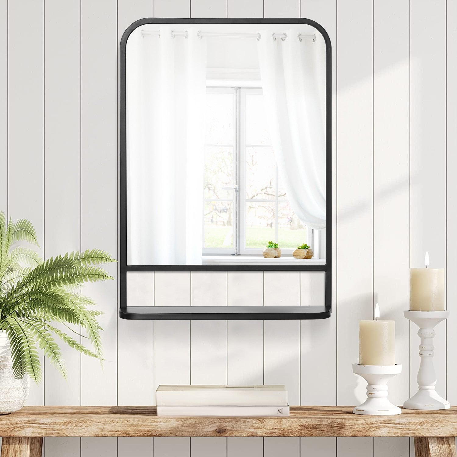 Väggspegel med hylla – 70x50cm, rektangulär, svart