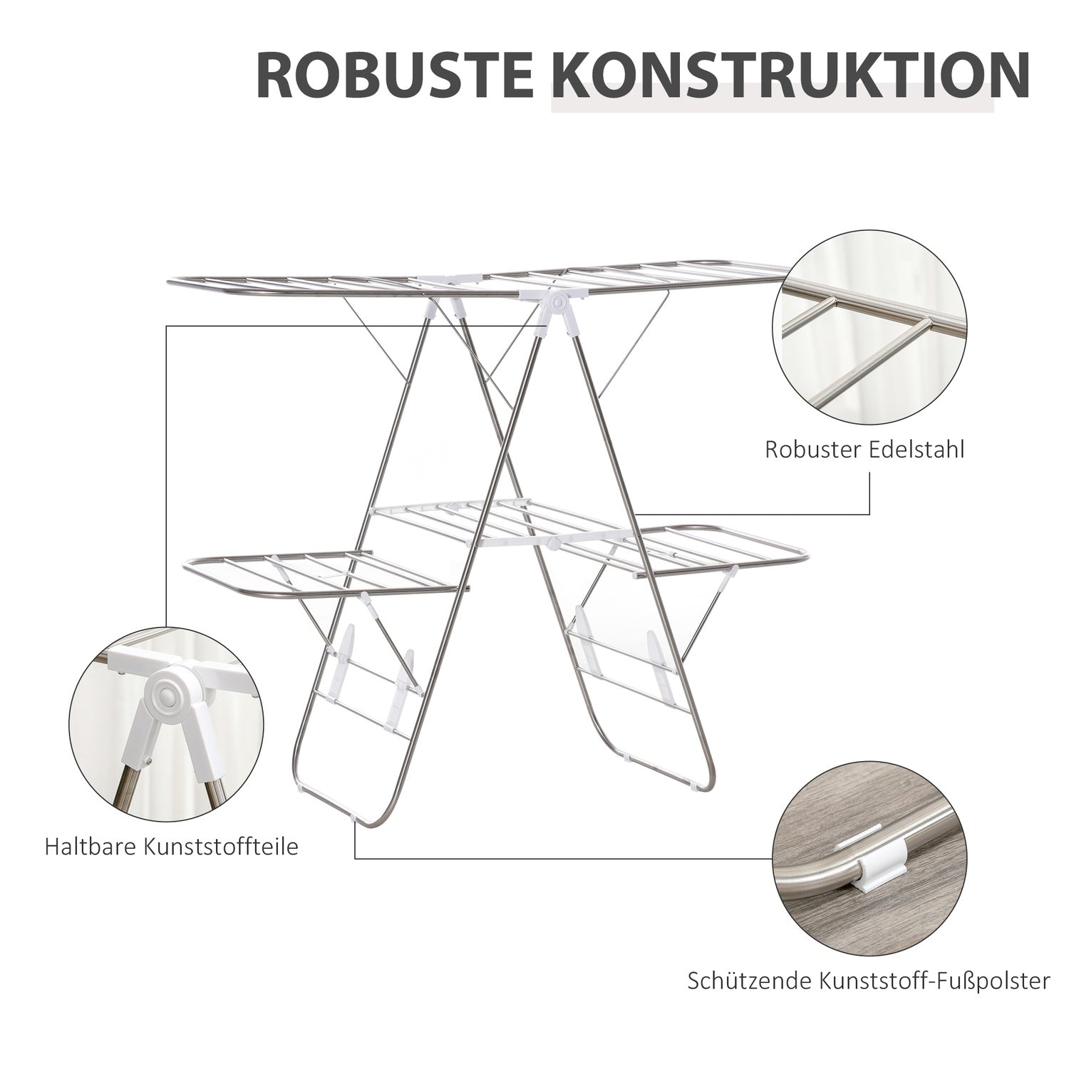 Vikbar klädluftare, 3 nivåer, rostfritt stål, 138cm