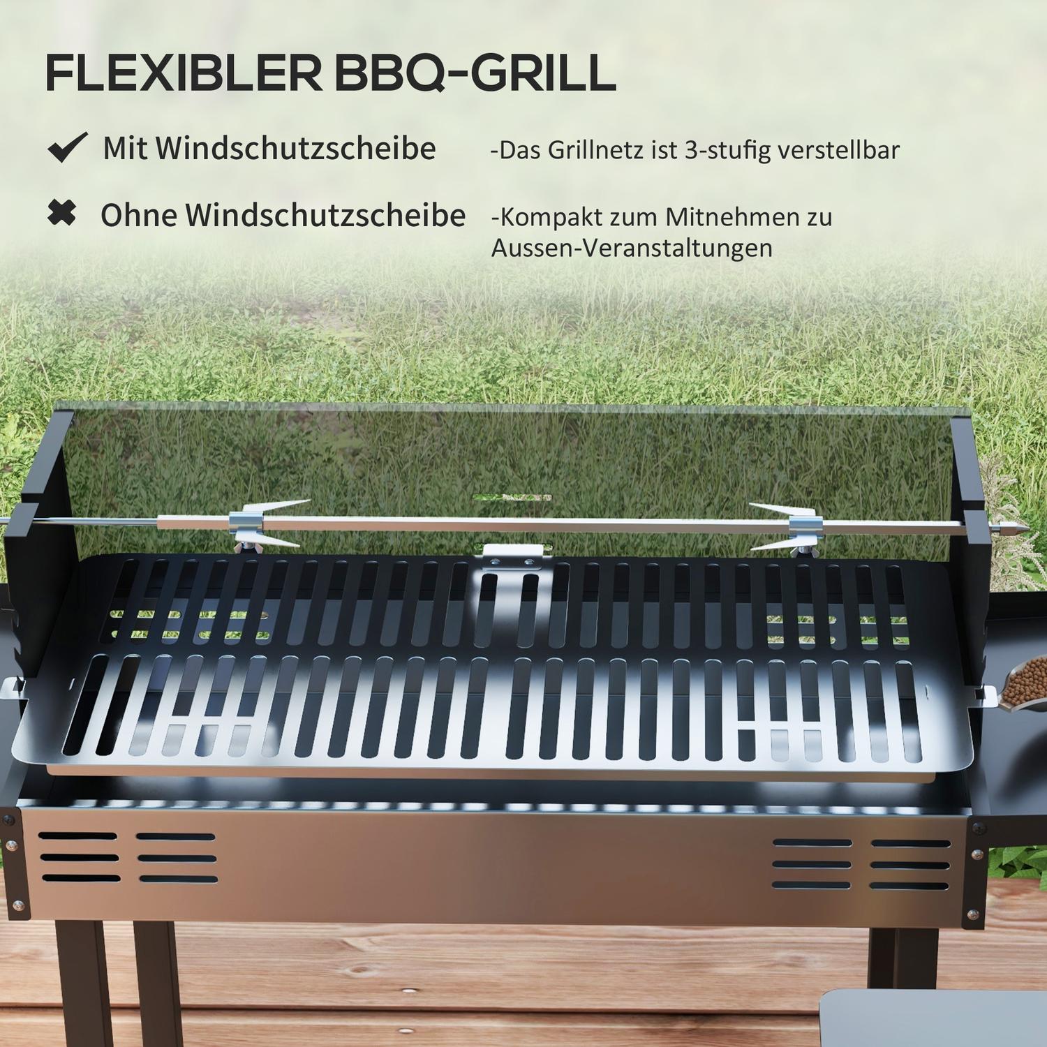 Vikbar kolgrill i rostfritt stål med rotisseriesats