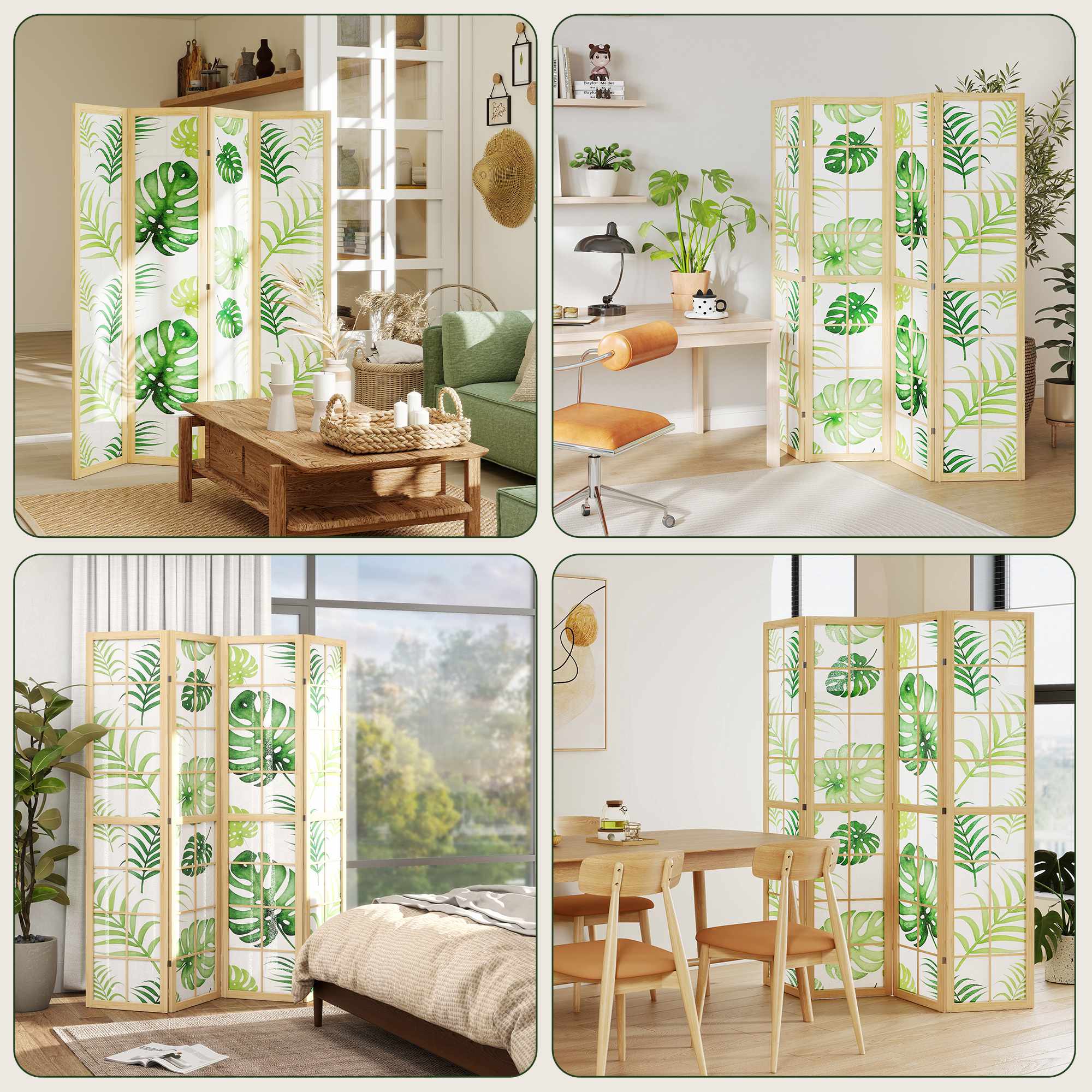 Vikbar rumsavdelare med 4 paneler, bohemisk palmdesign, grön