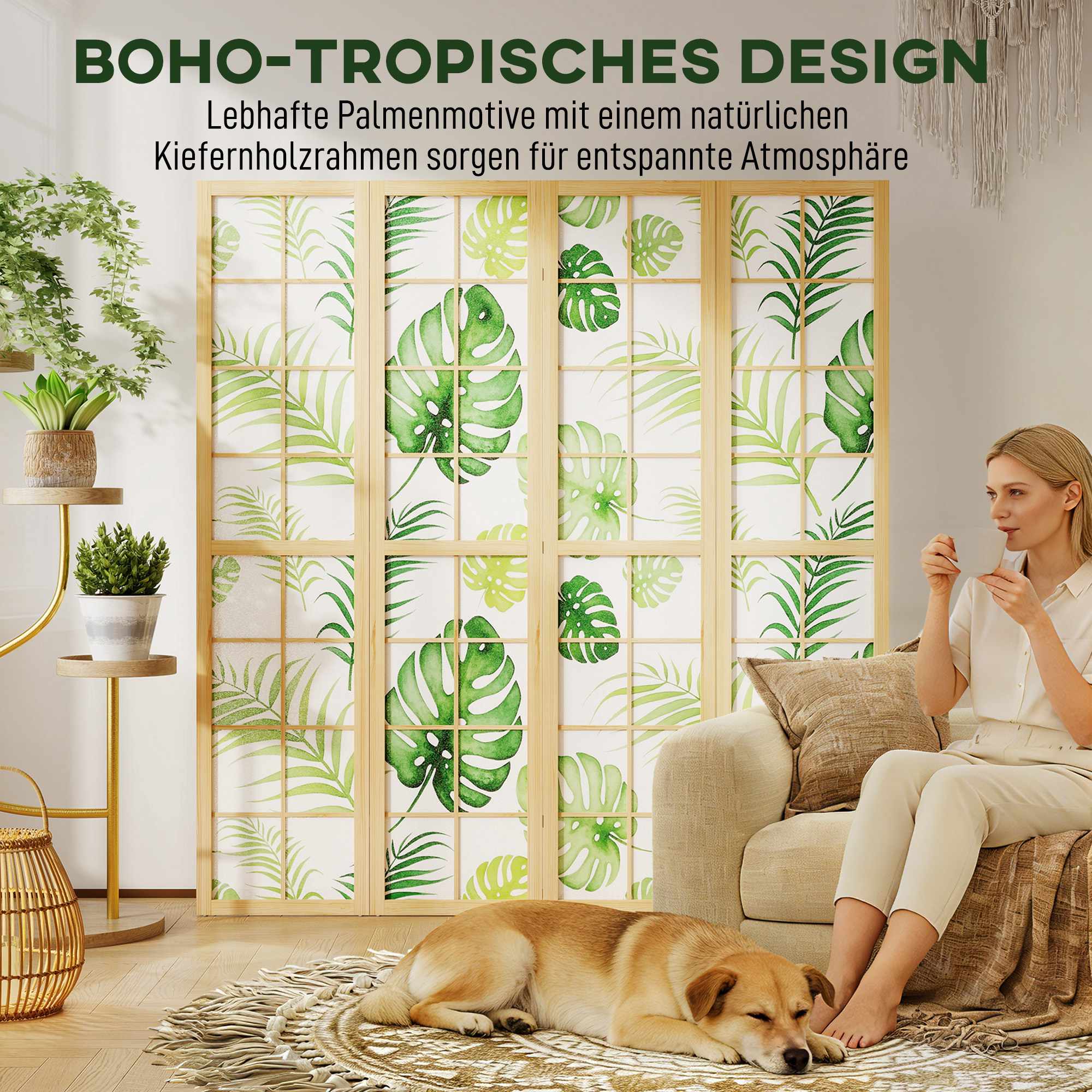 Vikbar rumsavdelare med 4 paneler, bohemisk palmdesign, grön