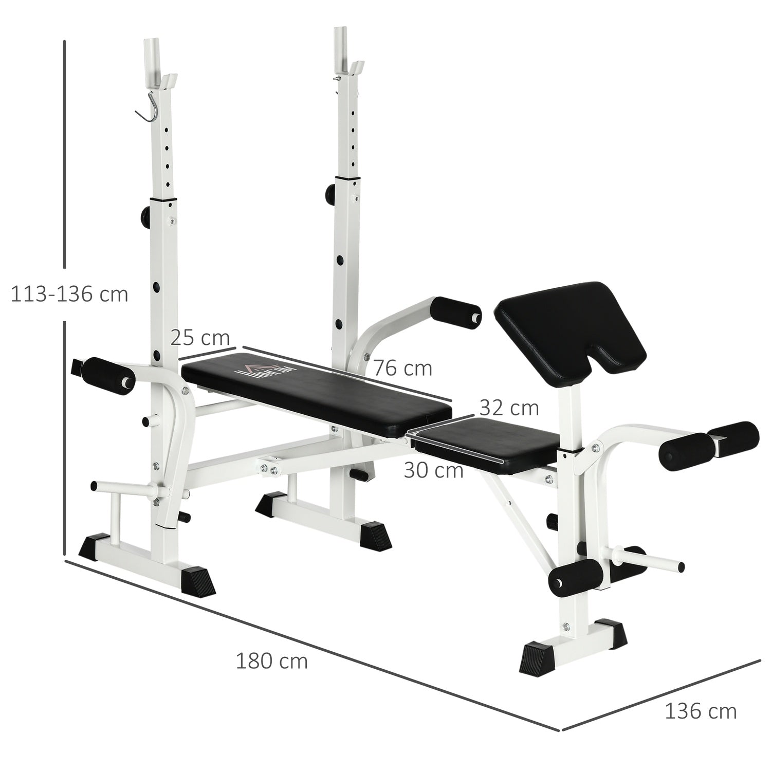 Viktbänk med benpress & hantel, armstöd, svart och vitt