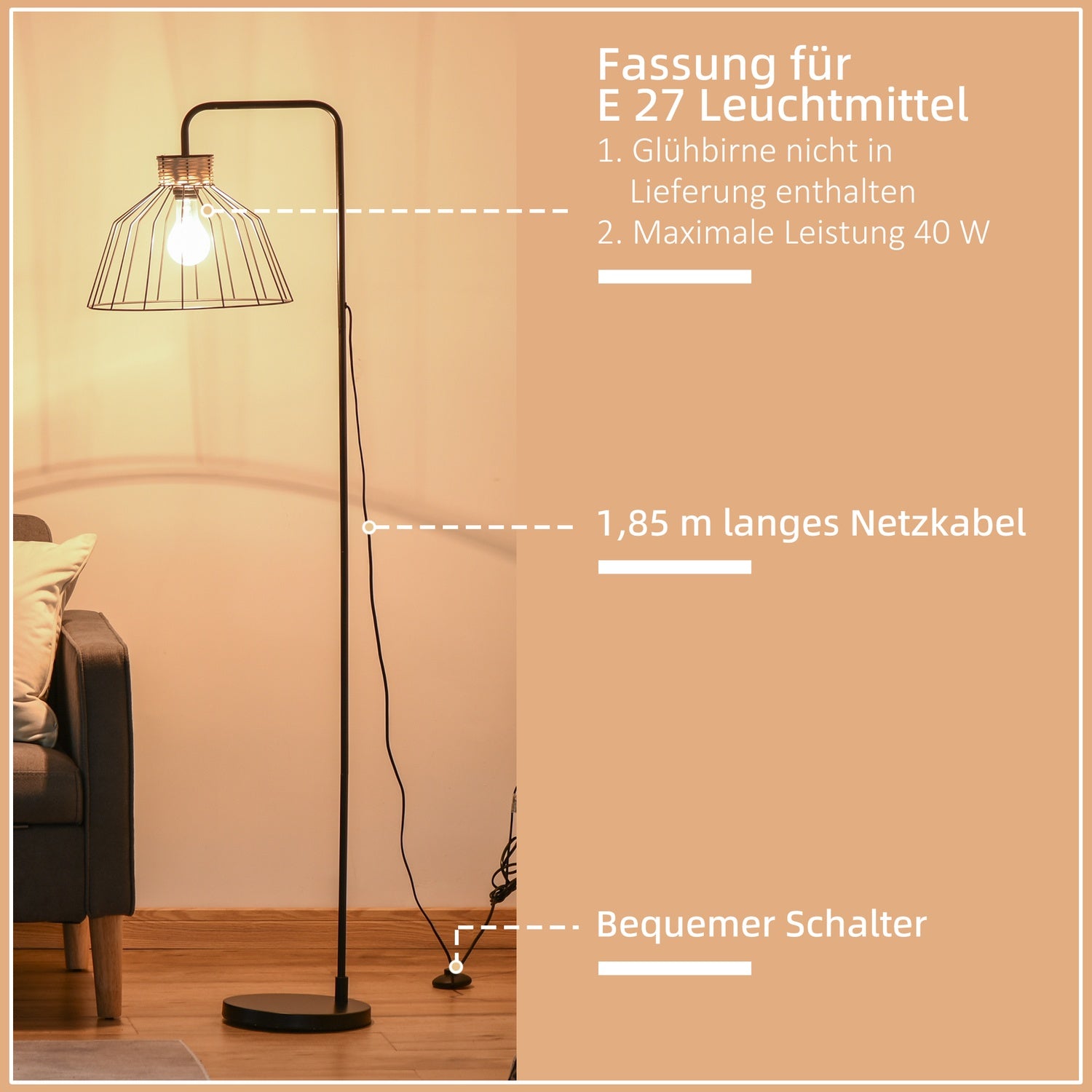 Vintage golvlampa med E27 sockel, metall & rotting, svart