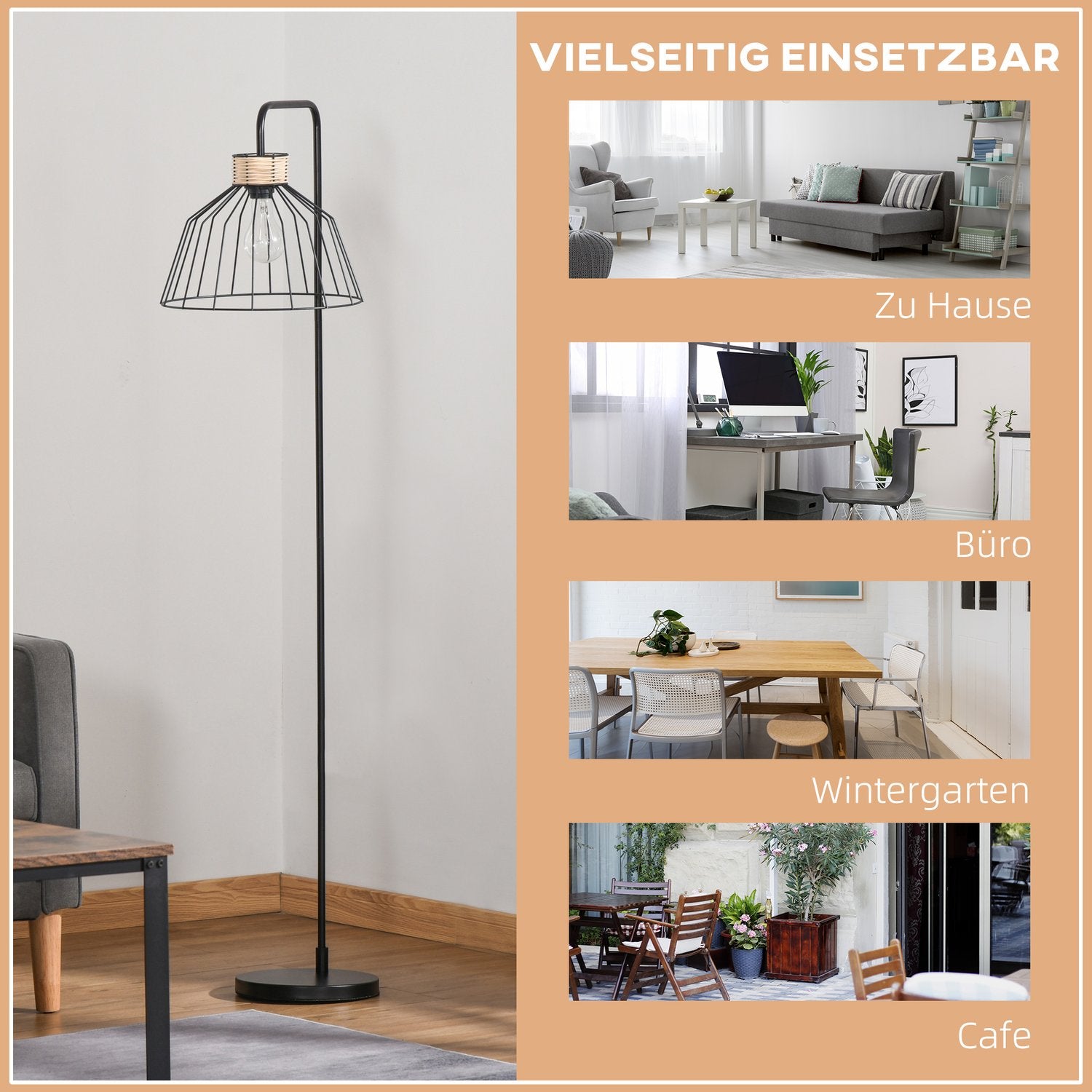 Vintage golvlampa med E27 sockel, metall & rotting, svart