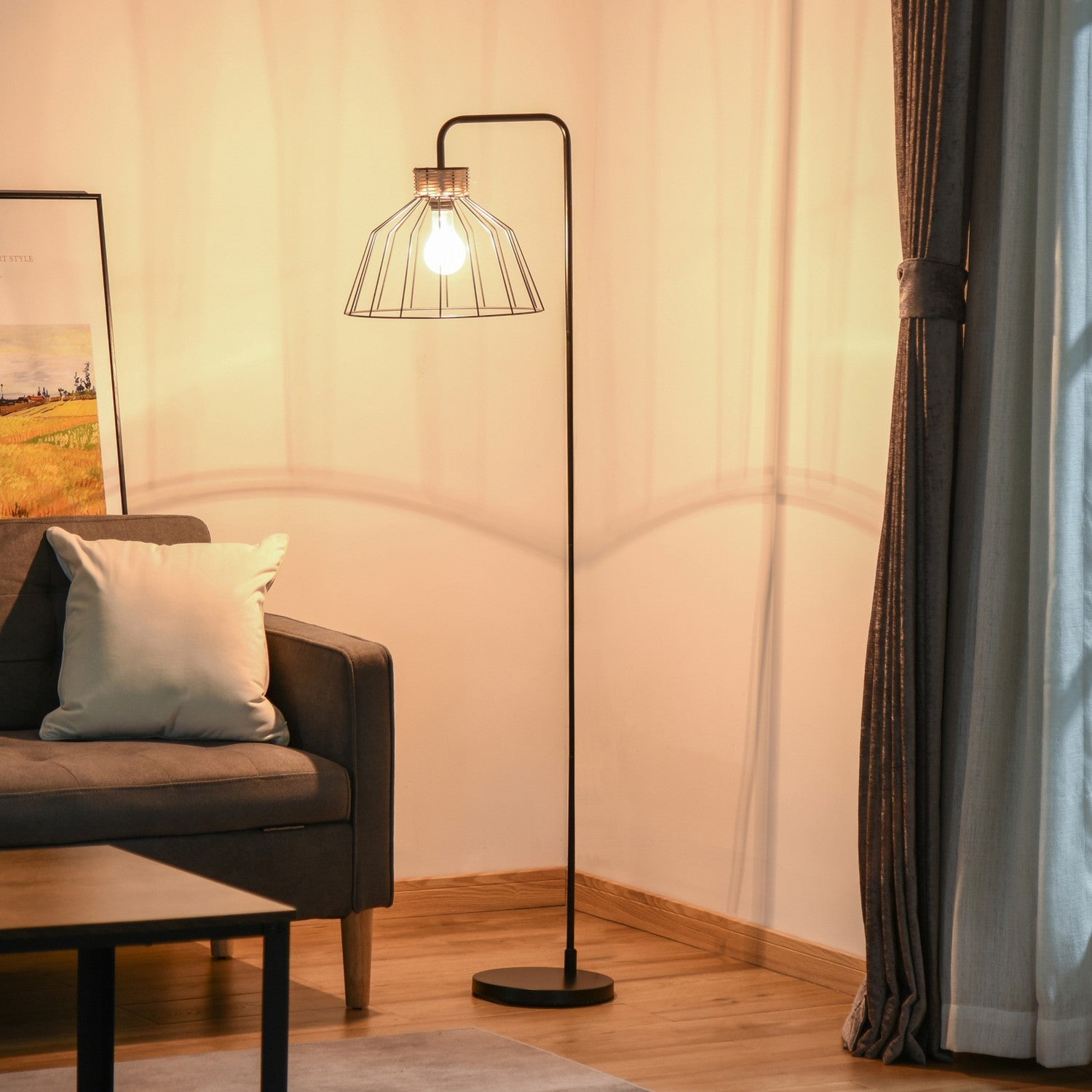 Vintage golvlampa med E27 sockel, metall & rotting, svart