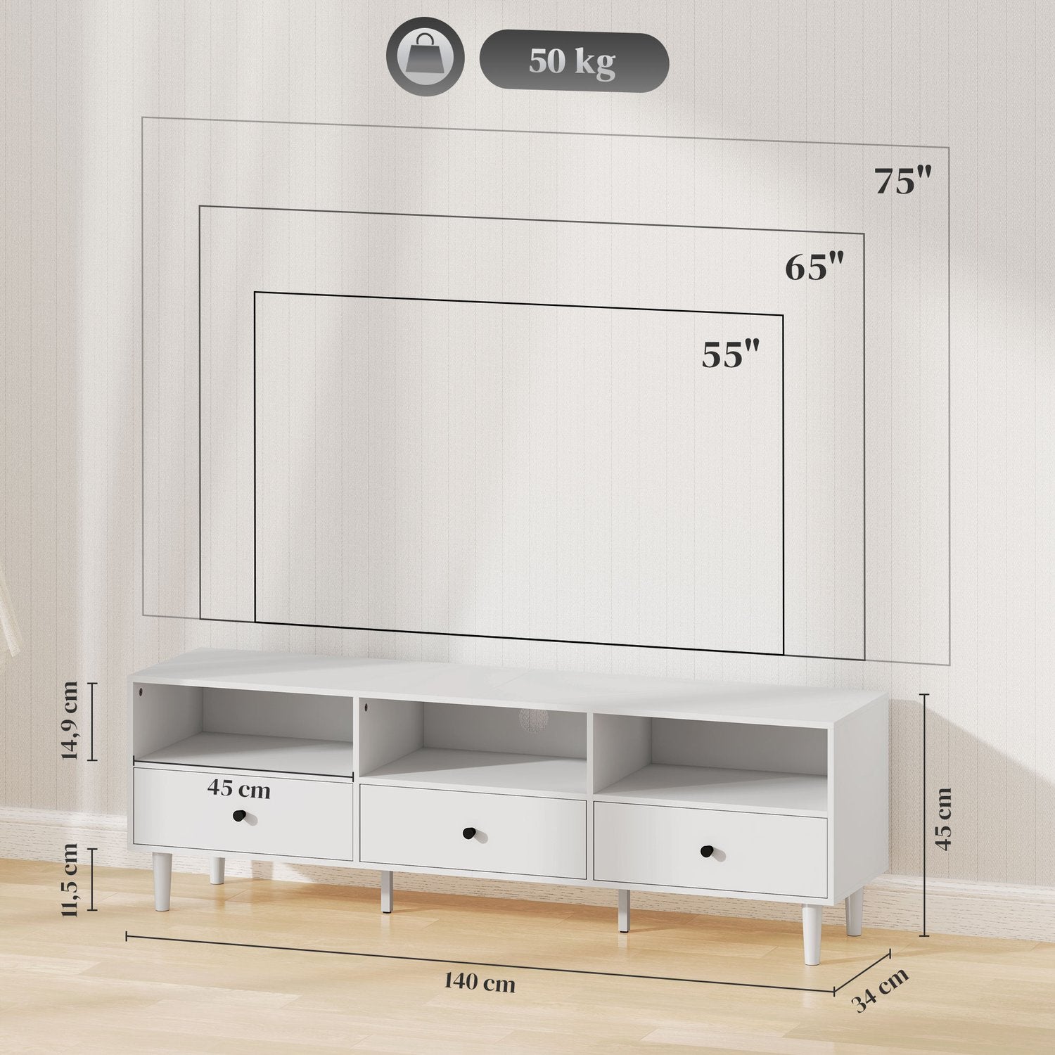 Vit TV-skåp med lådor, Kabelhantering, 140 cm