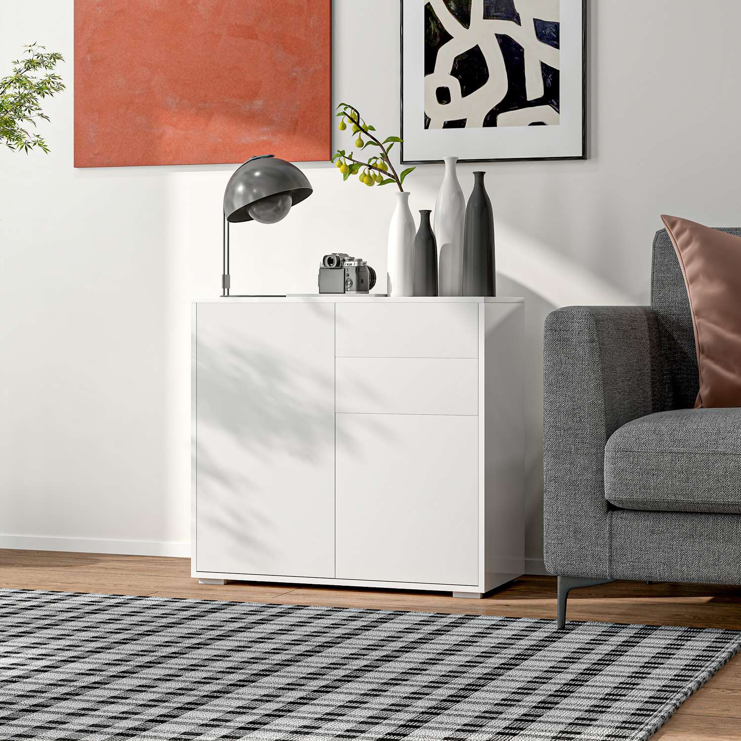 Vit förvaringsskänk – Justerbar hylla & låda, 79x36x75 cm
