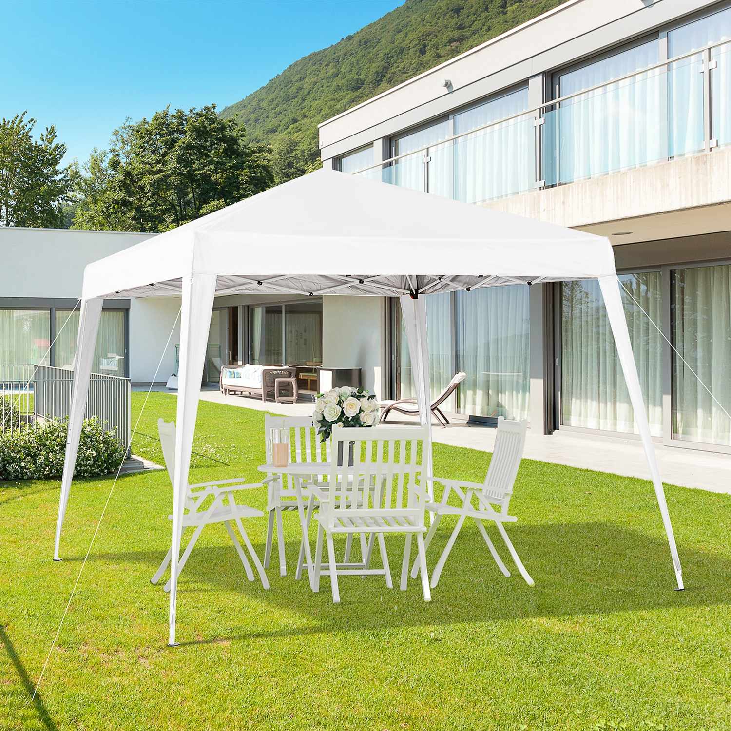 Vit hopfällbart paviljongtält i stål med bärväska, 2,4x2,4M