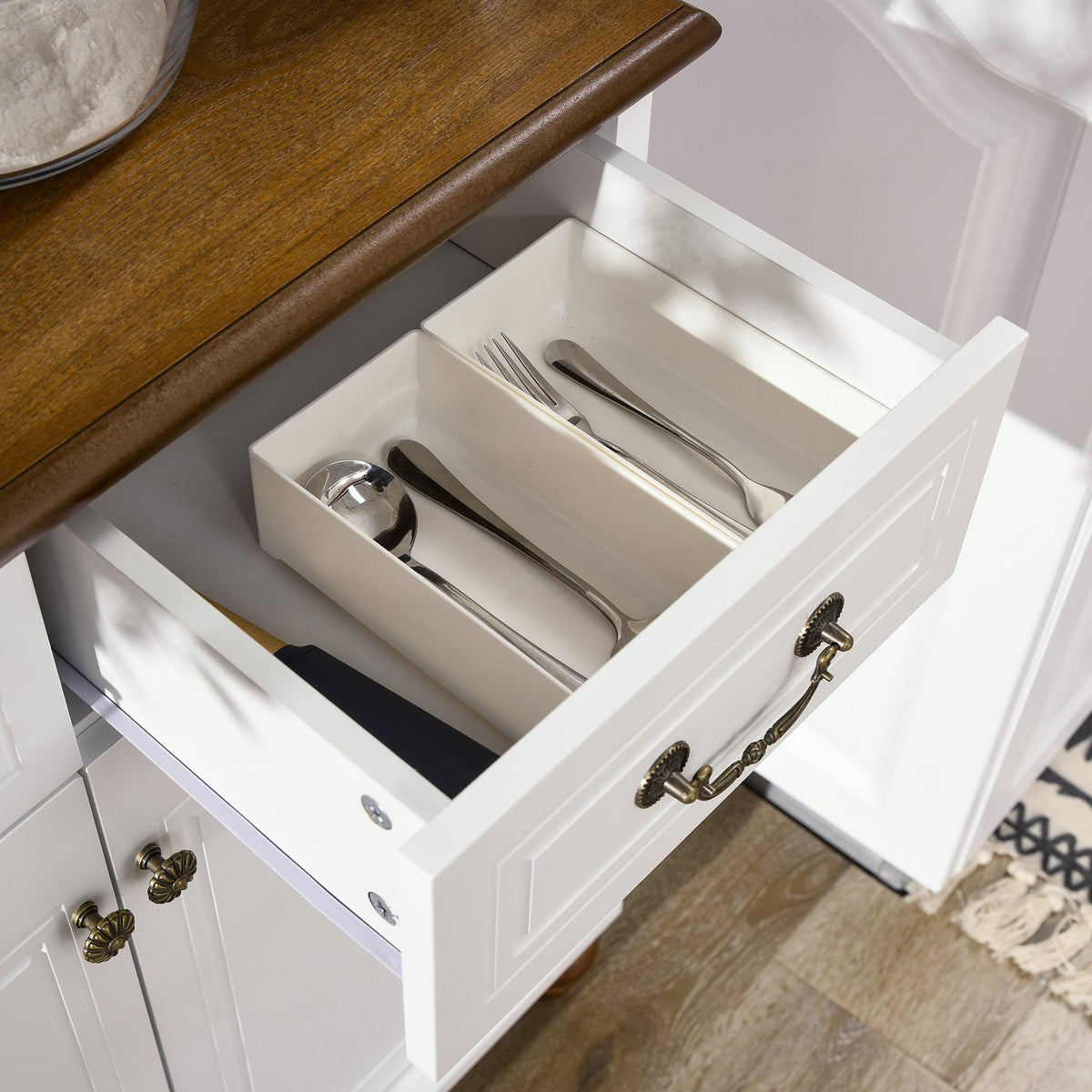 Meuble de cuisine haut blanc – 2 tiroirs, vitrine ouverte, fermeture douce