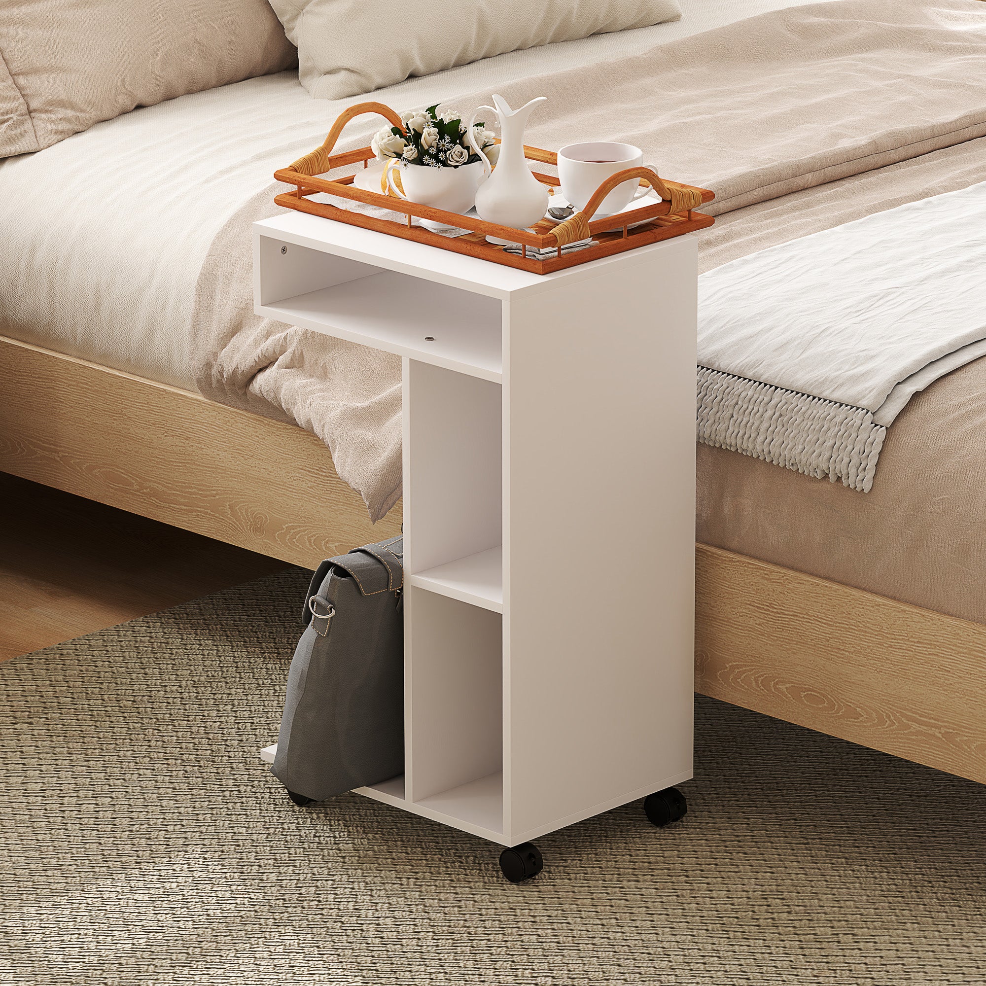 Vitt soffbord med hjul – 4-hyllad flerfunktionsskrivbord
