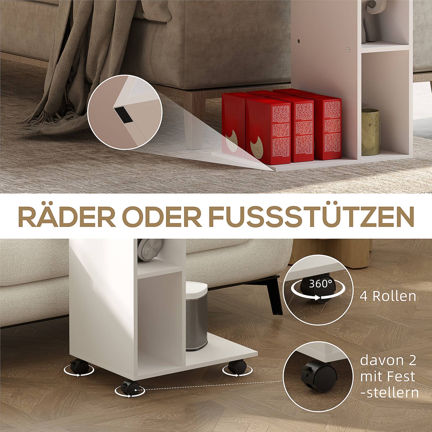 Vitt soffbord med hjul – 4-hyllad flerfunktionsskrivbord