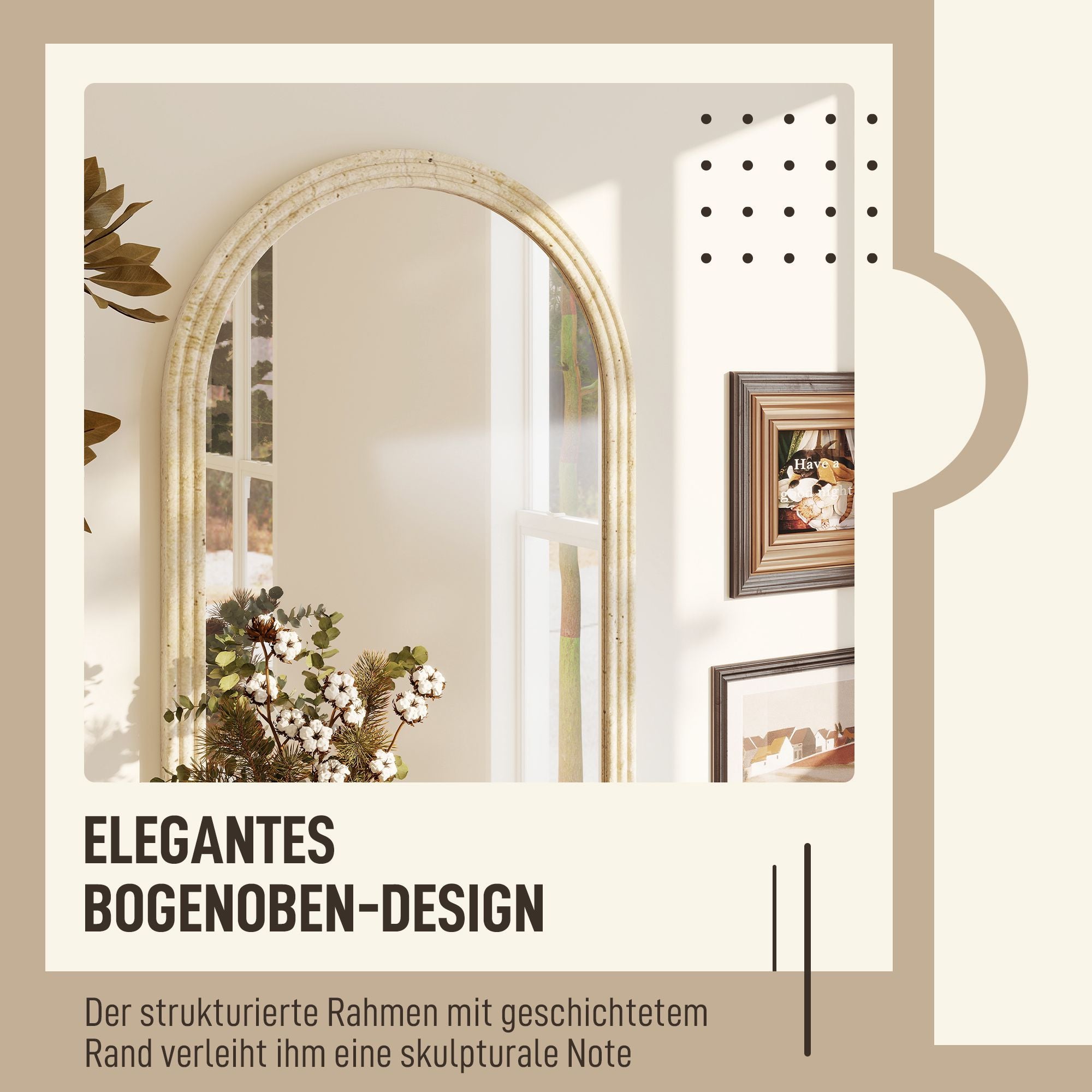 Välvd väggspegel, beige, 50 x 70 cm, polystyrenram