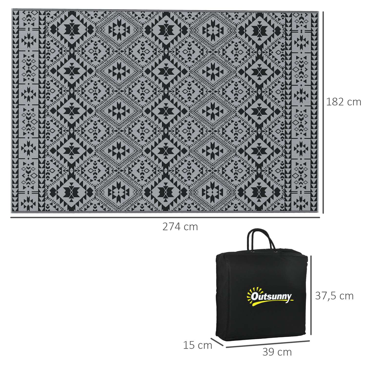 Vändbar utomhusmatta, vattenavvisande, 182x274cm, svart/grå