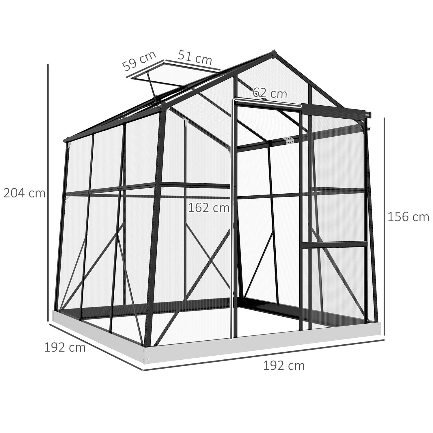 Växthus i aluminium med skjutdörr, 3,68 m², svart