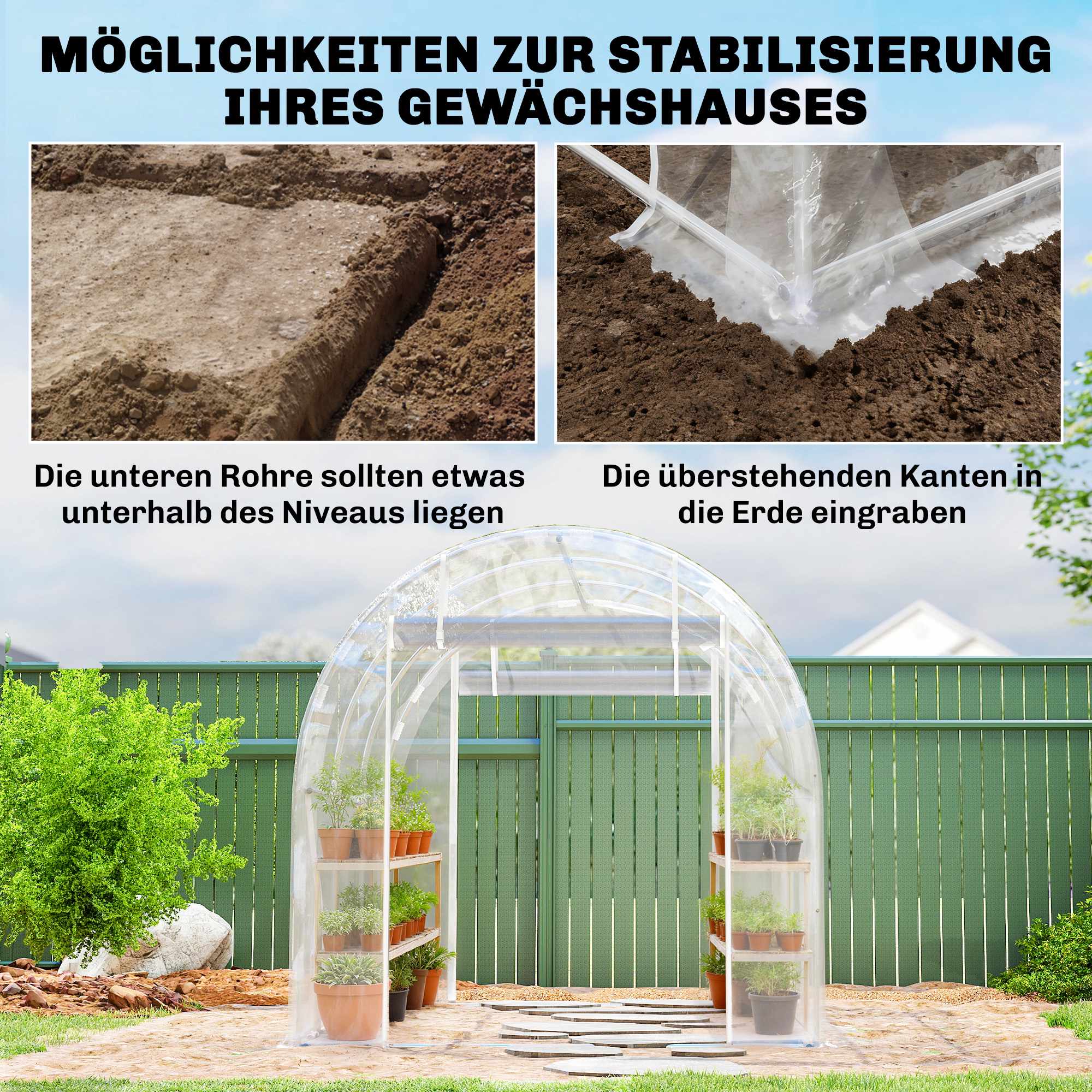 Växthus i polytunnelformat, stålram, UV PE-överdrag