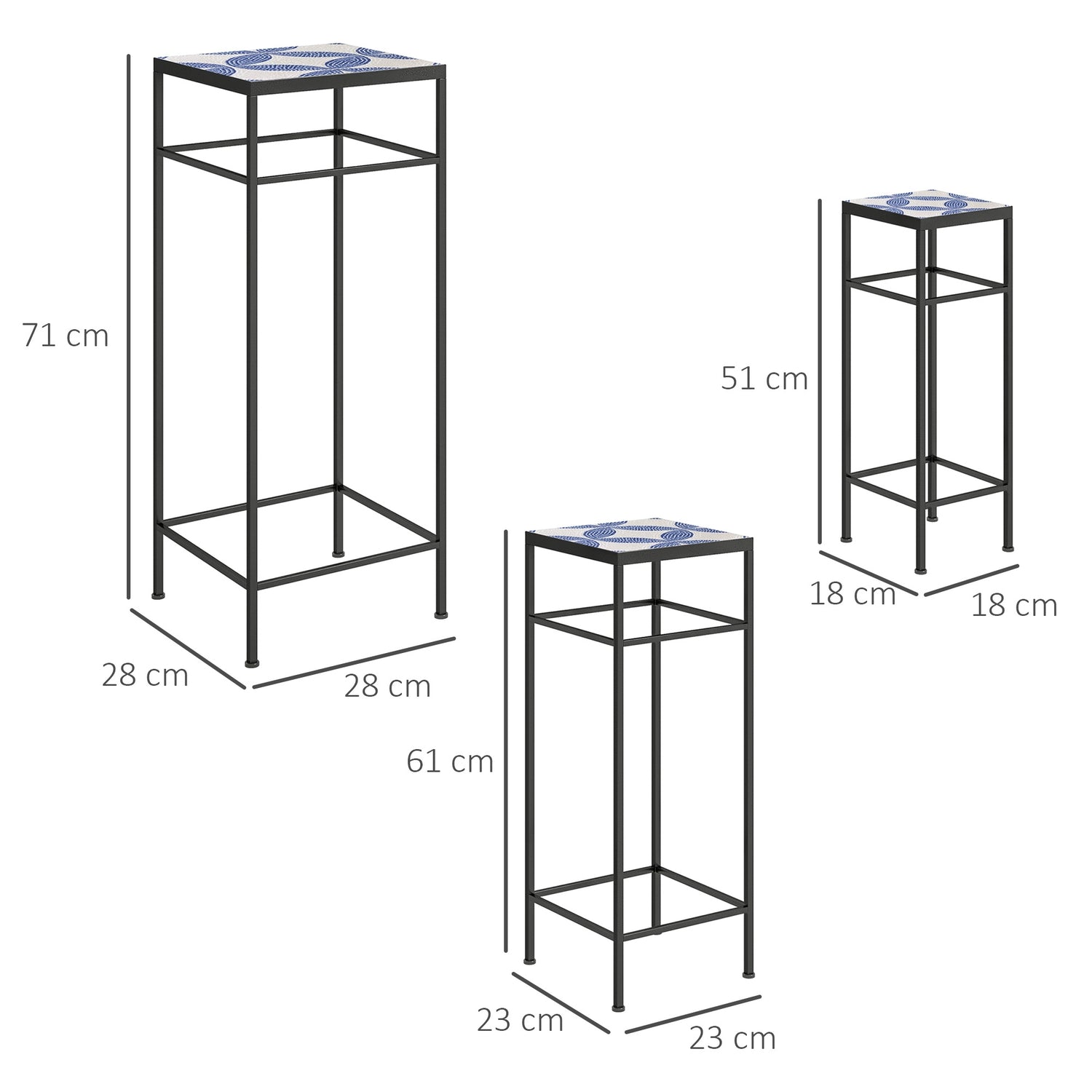 Växtställ i metall för inomhusbruk – Set om 3, blått och vitt, 71 cm