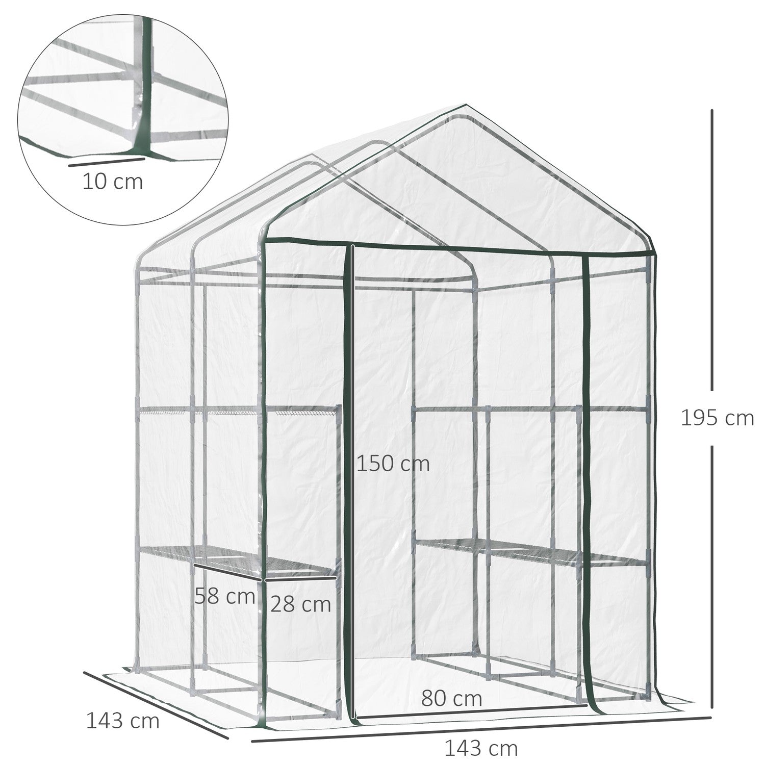 Walk-In växthus med hyllor – Stål PVC-ram