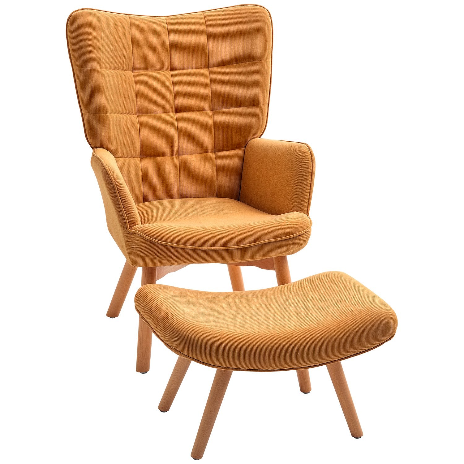 Wingback fåtölj med pall – Tuftad manchester, brun