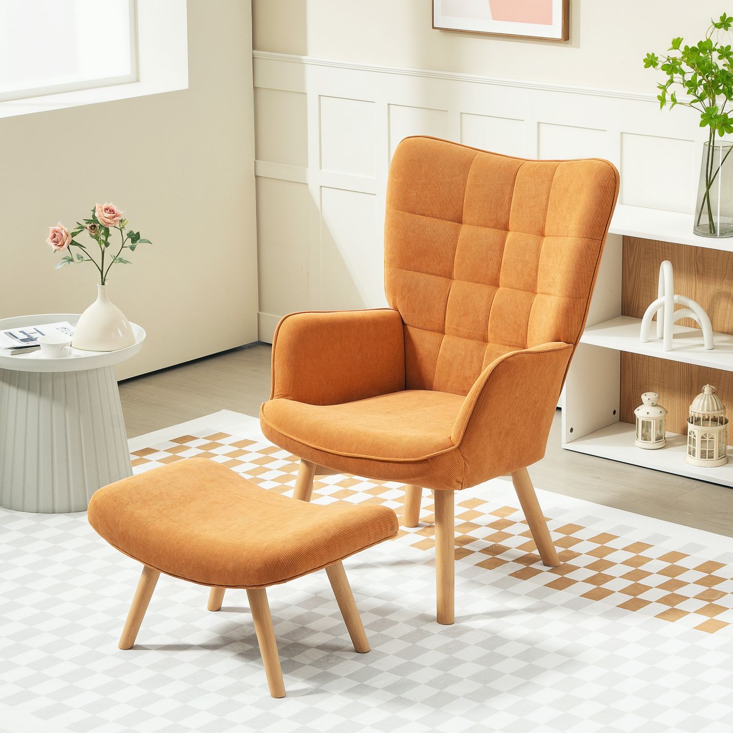 Wingback fåtölj med pall – Tuftad manchester, brun