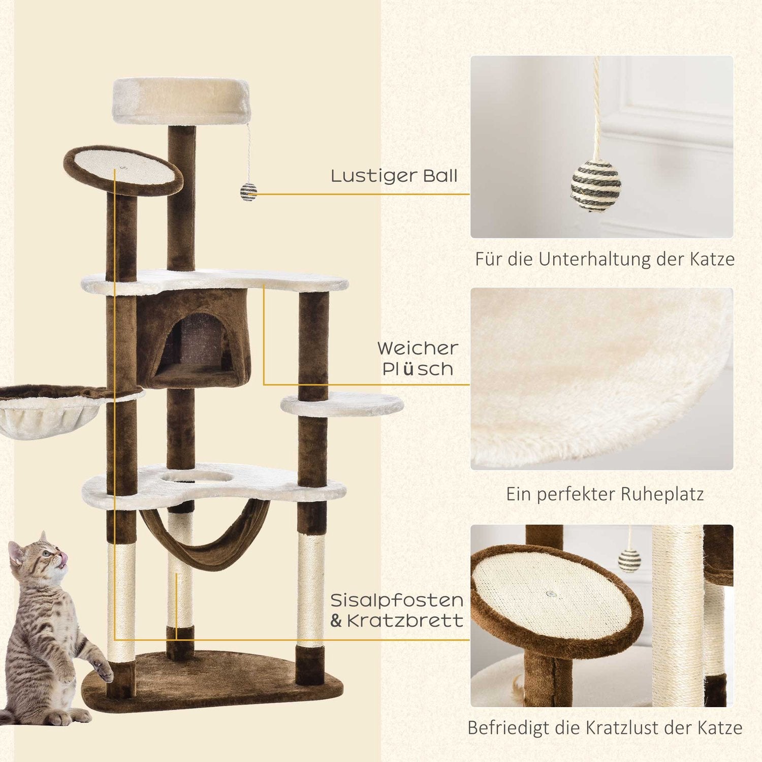 XXL Kattträd på flera nivåer med hängmatta och grotta, brun