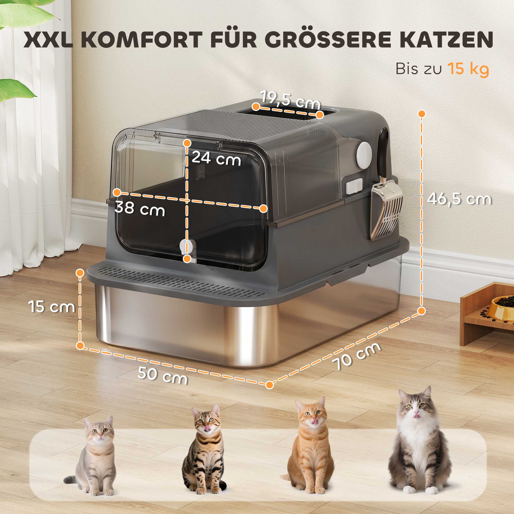 XXL kattlåda i rostfritt stål med lock, 72 liter och skopa