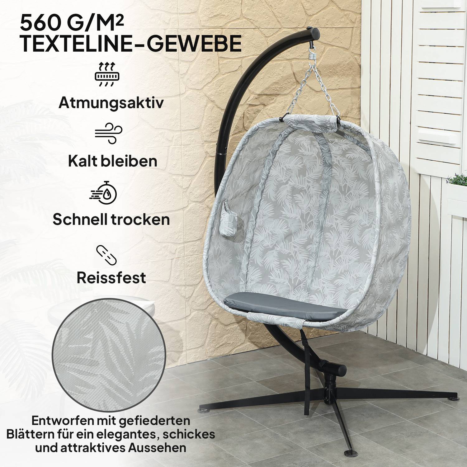 Äggformad utomhushängande stol med kuddar, grå