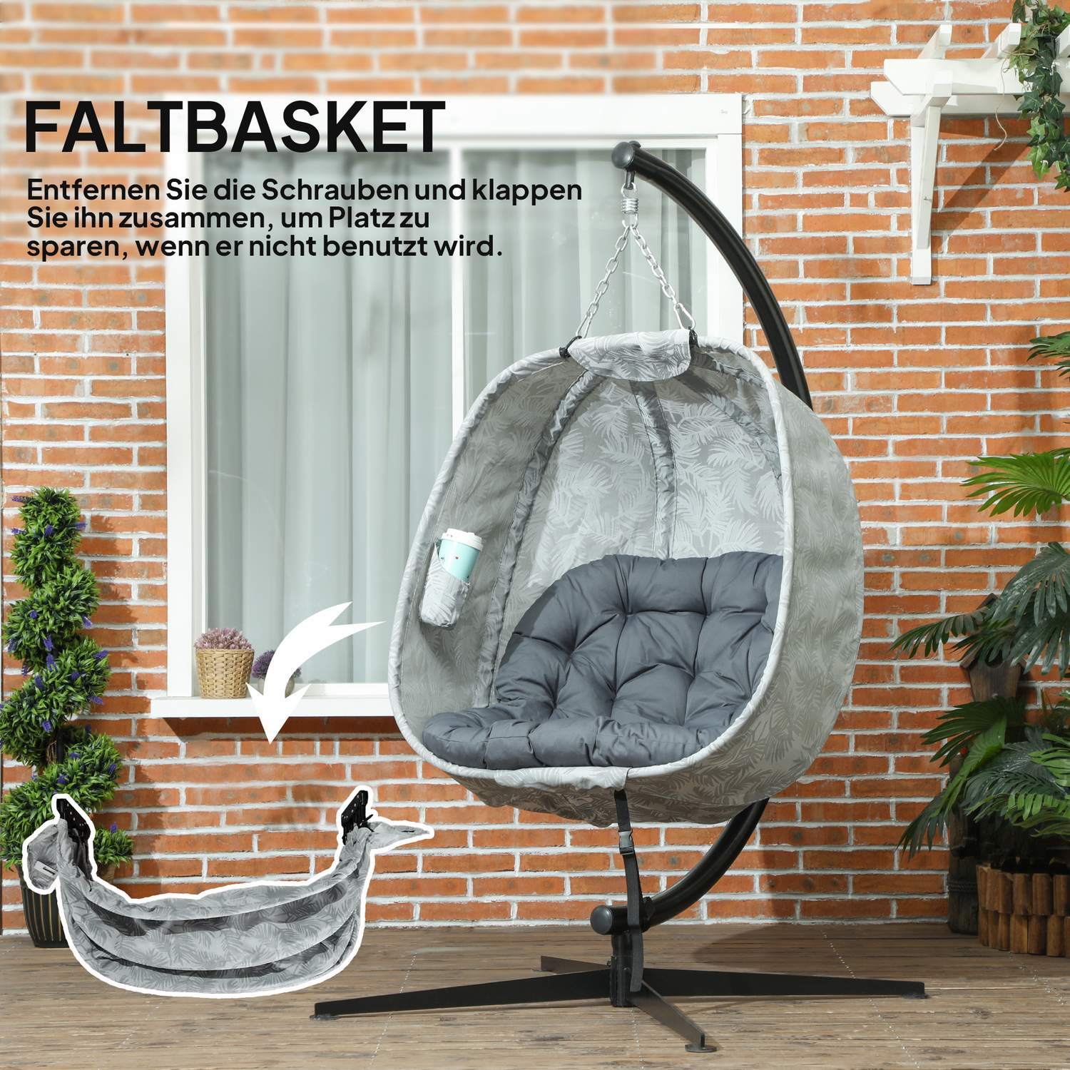 Äggformad utomhushängande stol med kuddar, grå
