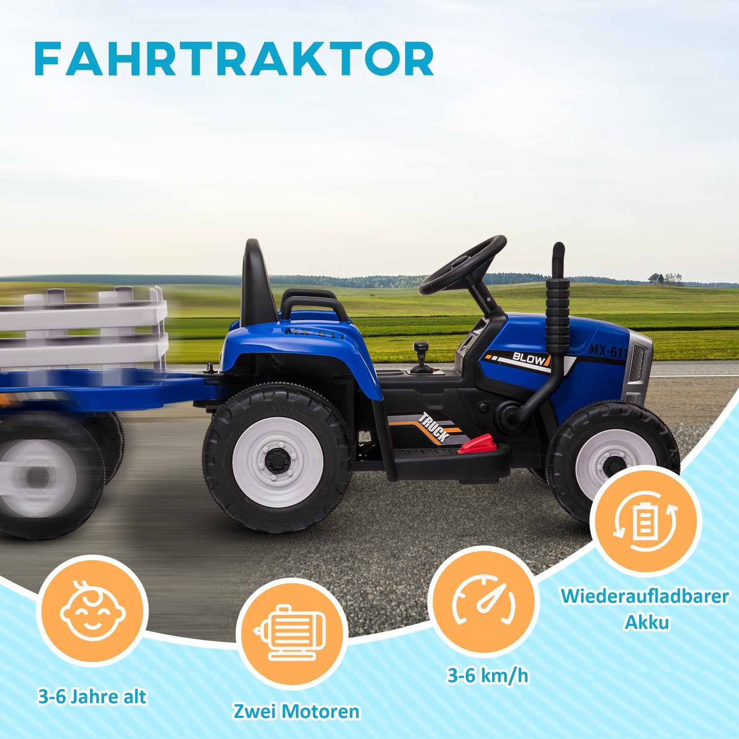 Åktraktor för barn med fjärrkontroll, MP3, strålkastare, blå