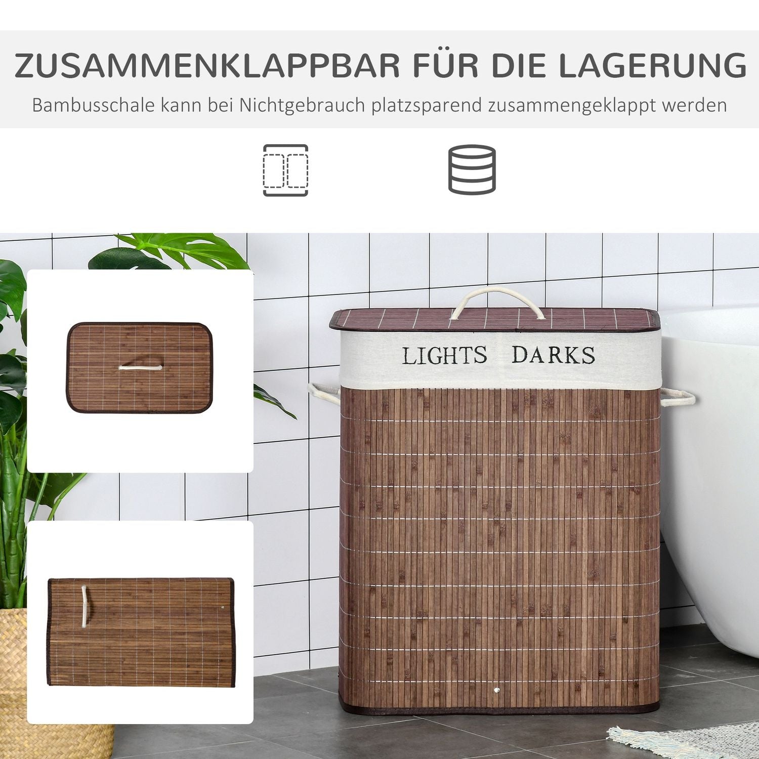 100L tvättkorg – bambu, bomull, 3 handtag, tvättbar