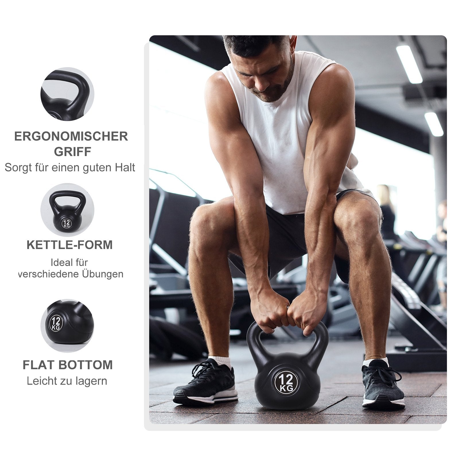 12 kg sandfylld kettlebell, svart, plast, nybörjarvänlig