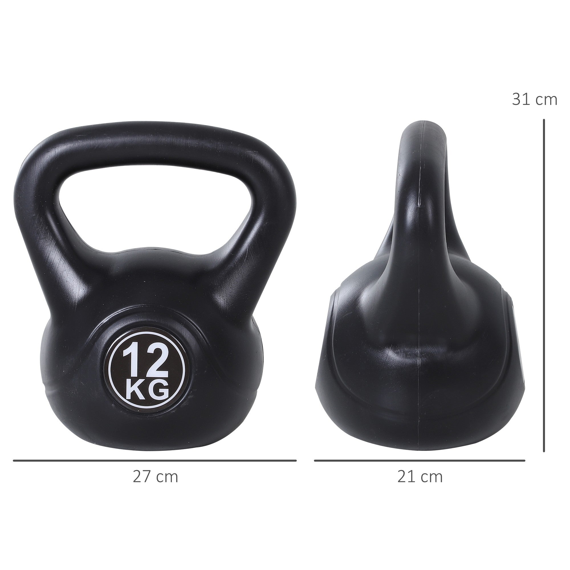 12 kg sandfylld kettlebell, svart, plast, nybörjarvänlig