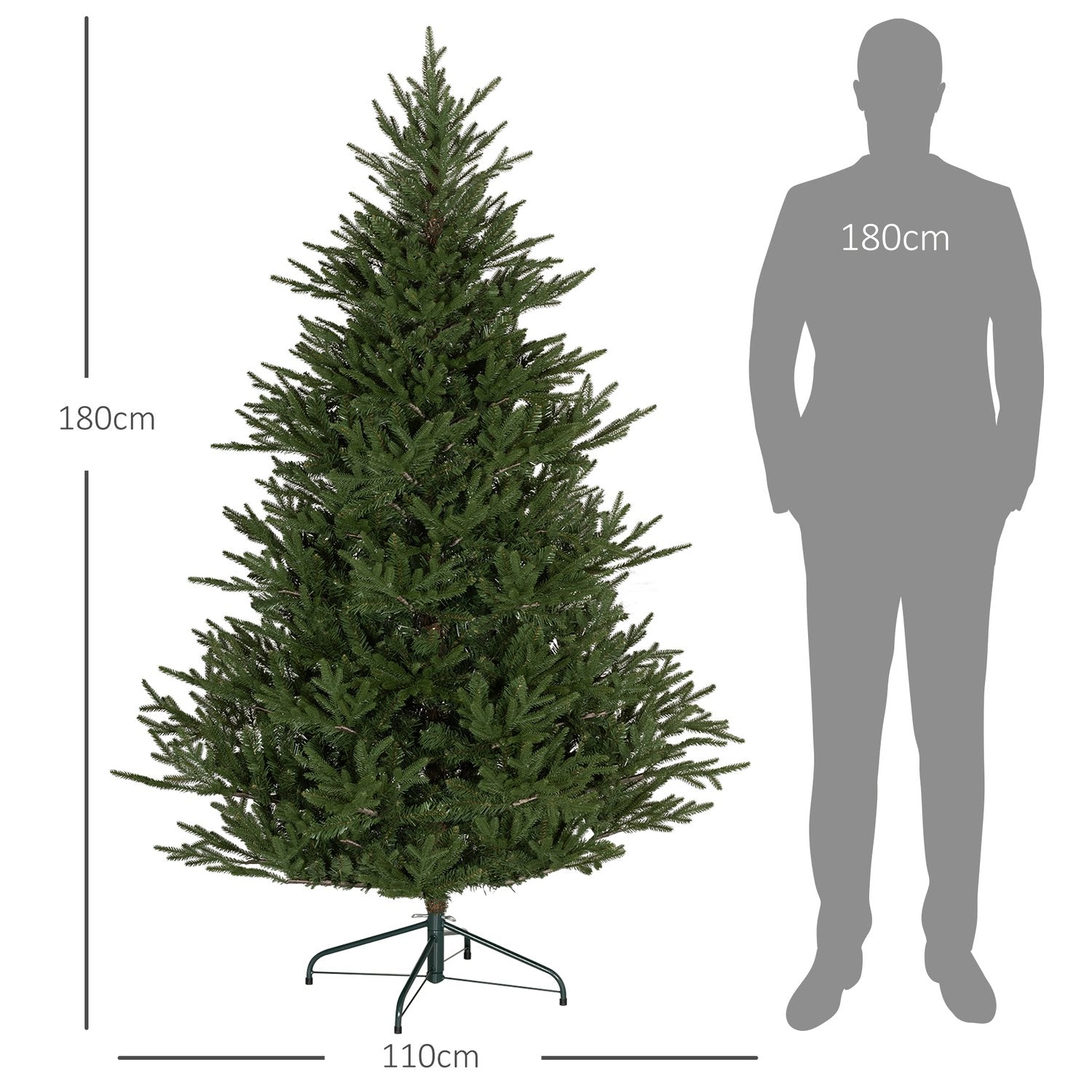 180cm konstgjord julgran, 2380 tips, hopfällbart stativ